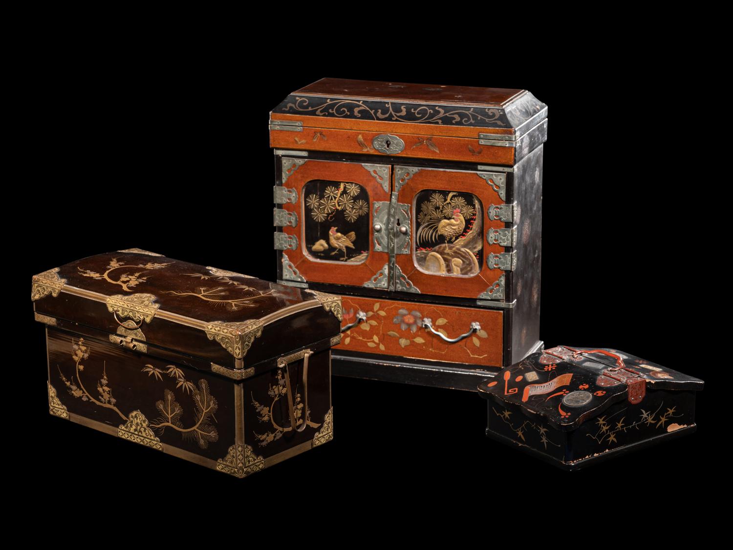 Three Japanese Lacquered and Metal Mounted Storage Boxes