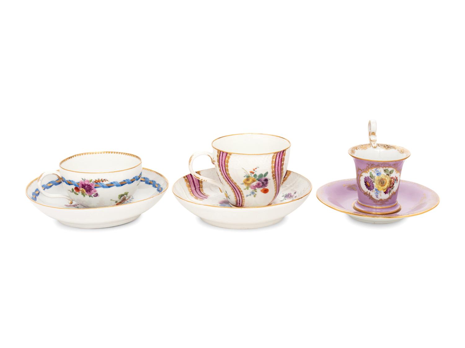 Three Meissen Porcelain Teacups and Saucers