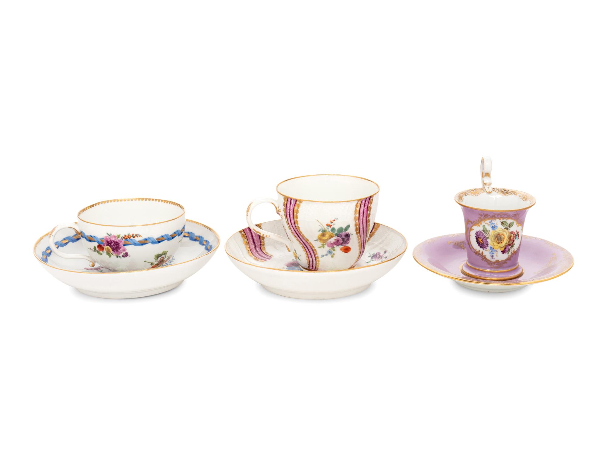 Three Meissen Porcelain Teacups and Saucers