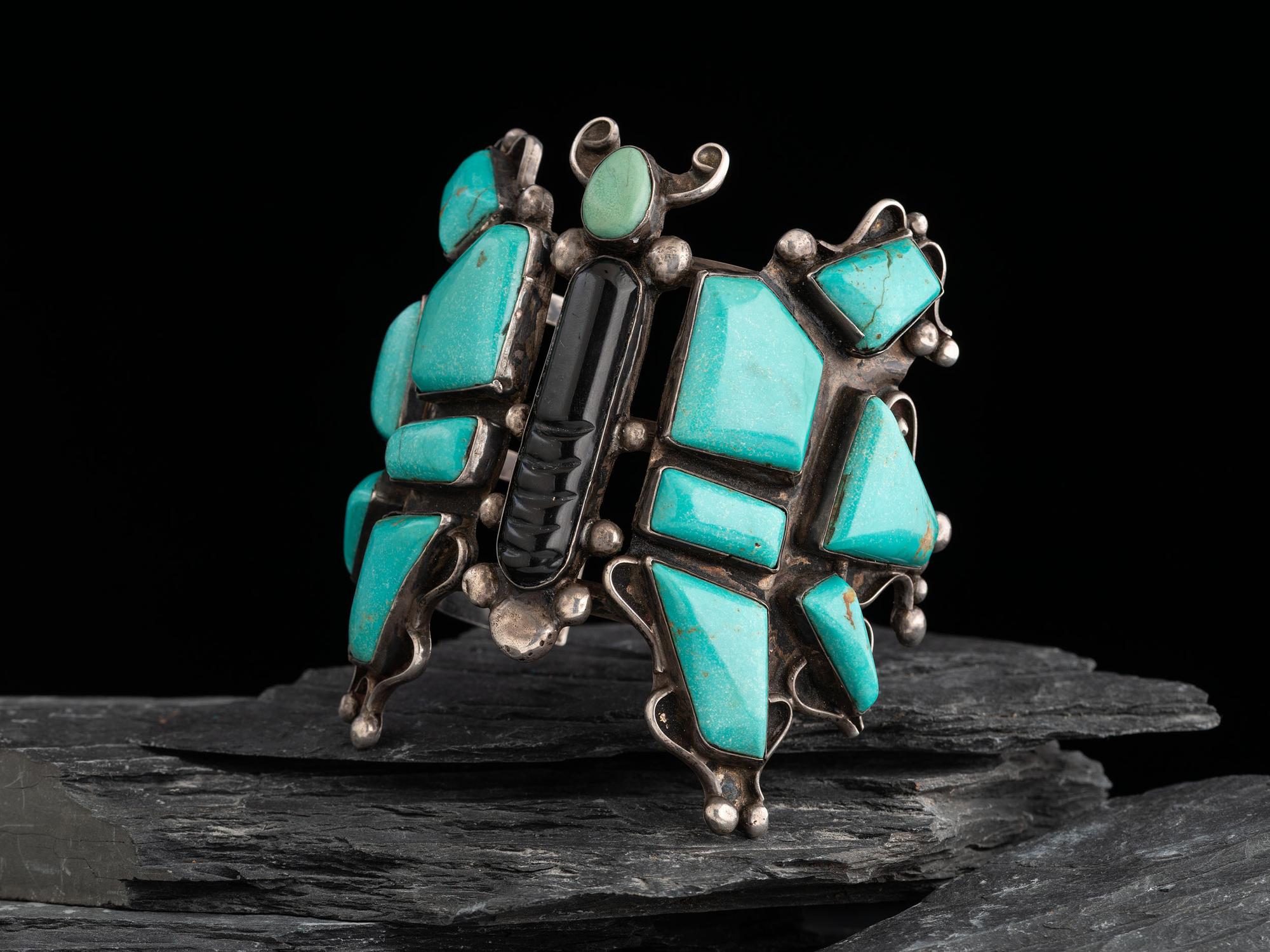 Large Navajo Silver, Turquoise, and Jet Butterfly Statement Cuff Bracelet