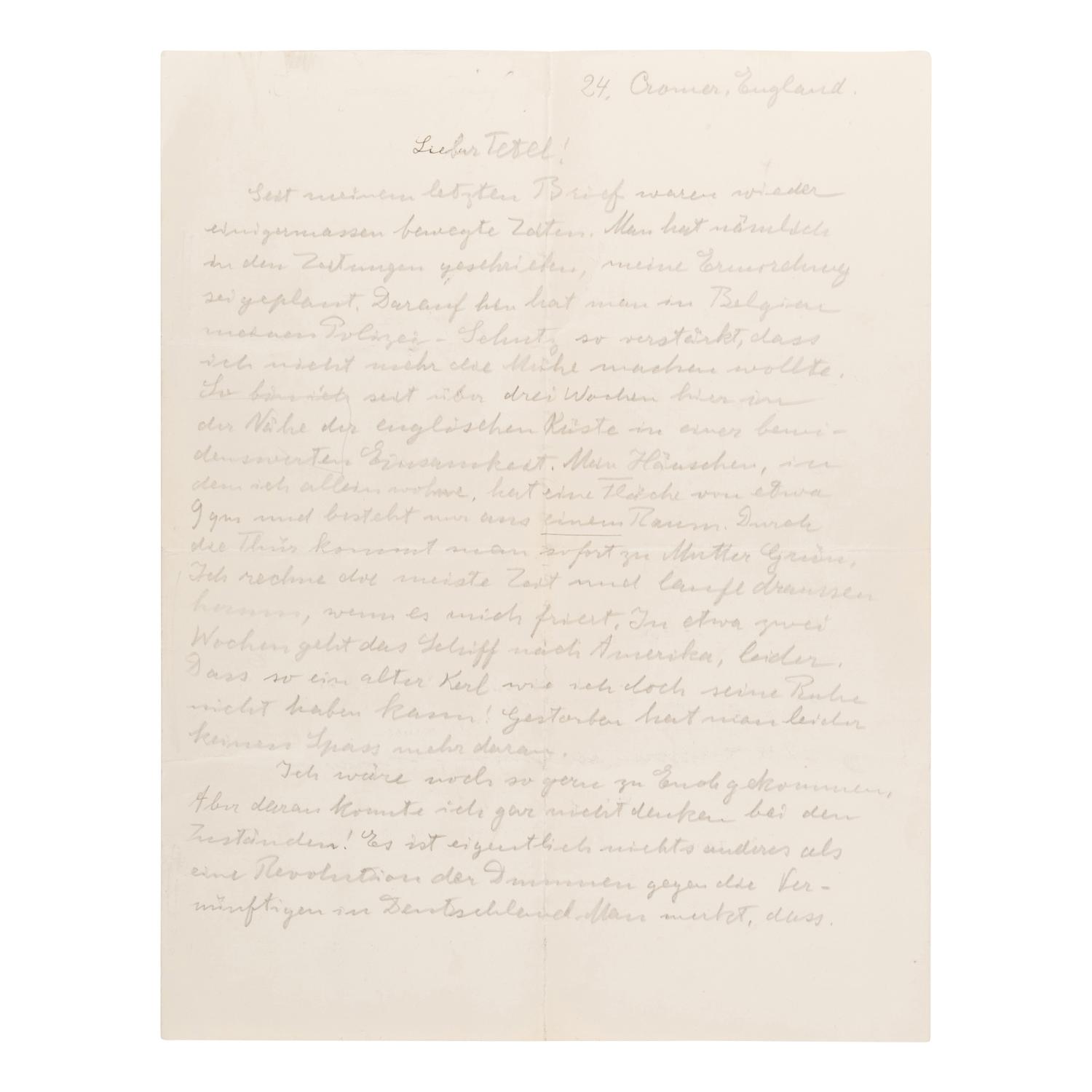 Einstein, Albert (1879-1955). Autograph letter signed ("Papa"), to his youngest son Eduard ("Tetel"), Cromer, Norfolk, England, n.d. [ca September 1933].