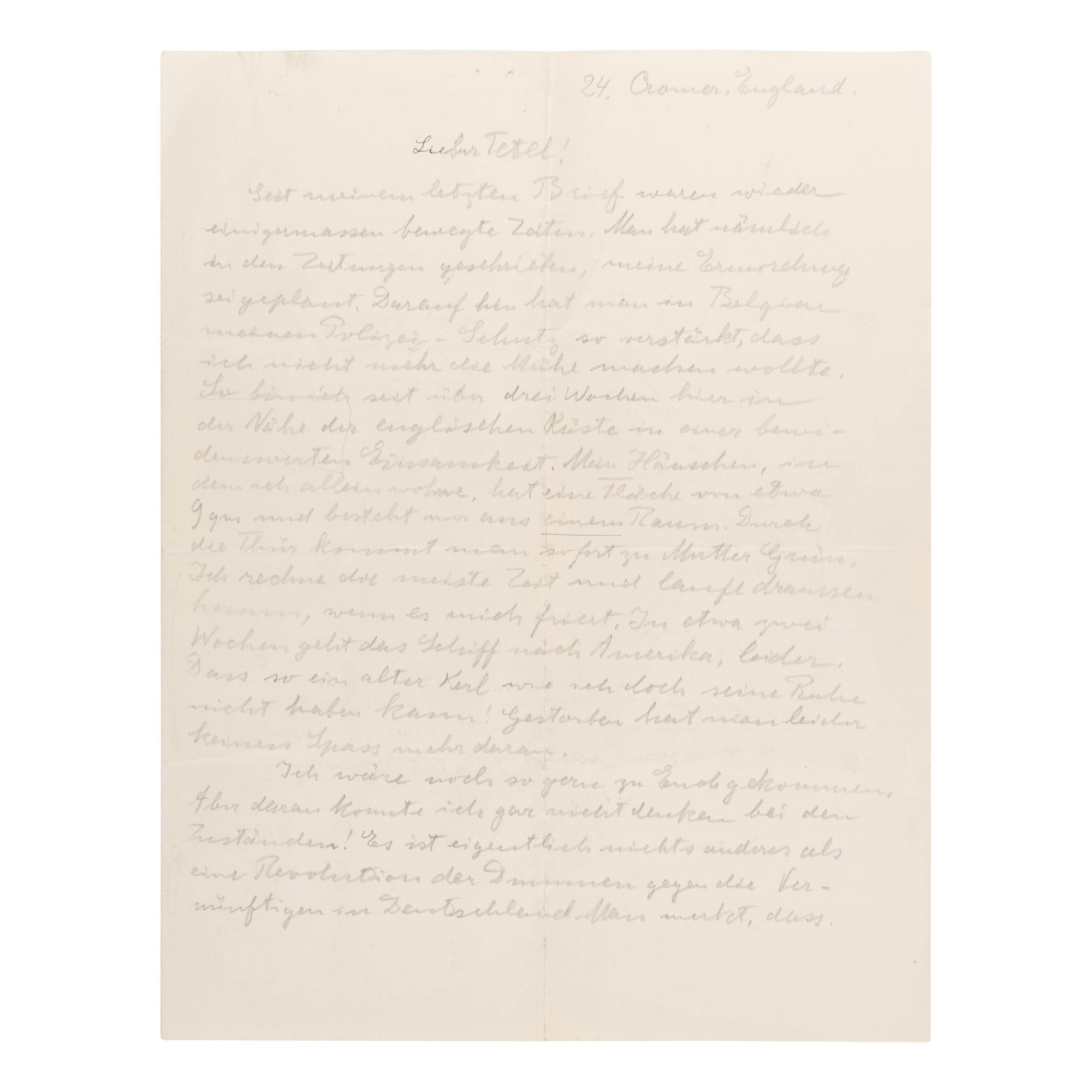Einstein, Albert (1879-1955). Autograph letter signed ("Papa"), to his youngest son Eduard ("Tetel"), Cromer, Norfolk, England, n.d. [ca September 1933].
