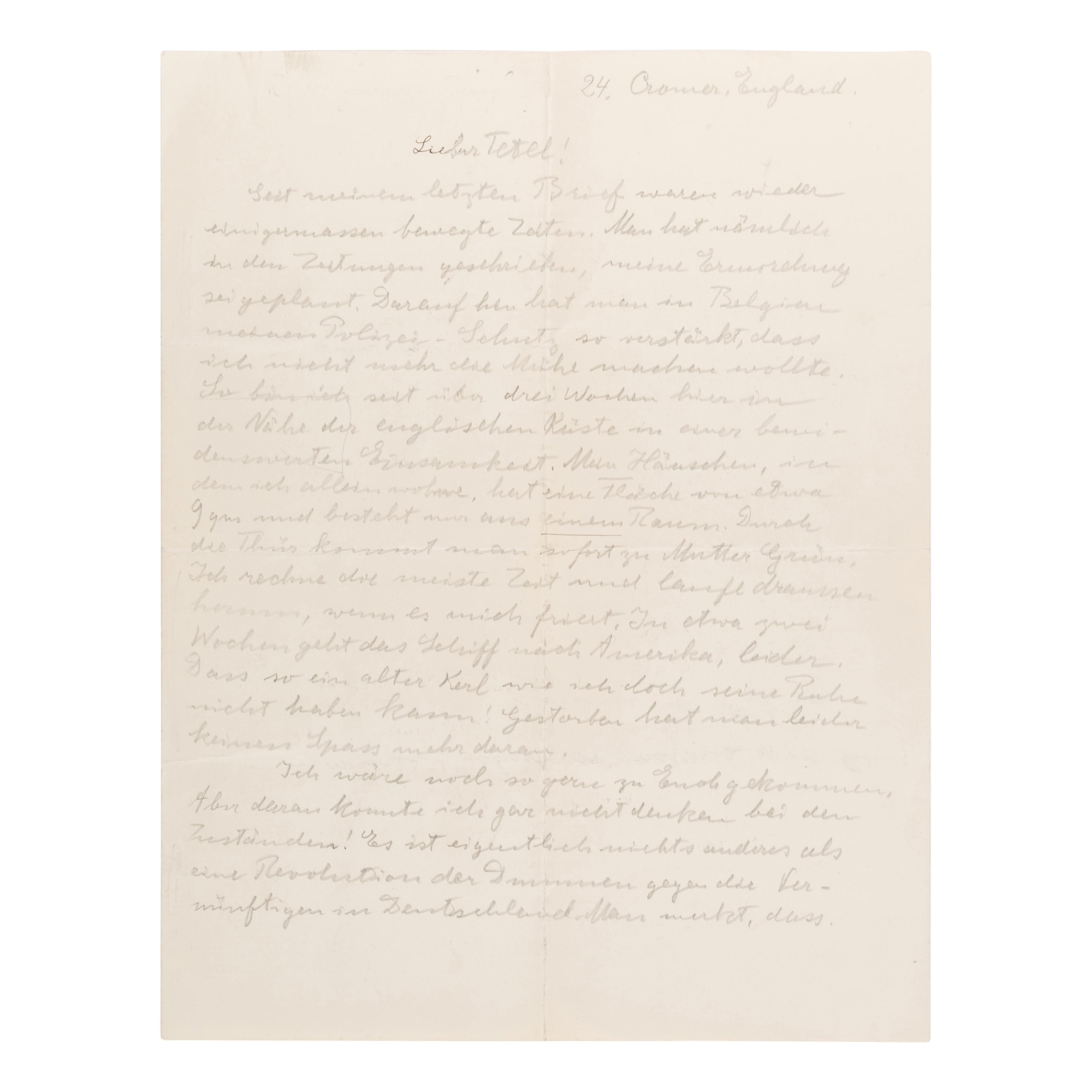 Einstein, Albert (1879-1955). Autograph letter signed ("Papa"), to his youngest son Eduard ("Tetel"), Cromer, Norfolk, England, n.d. [ca September 1933].