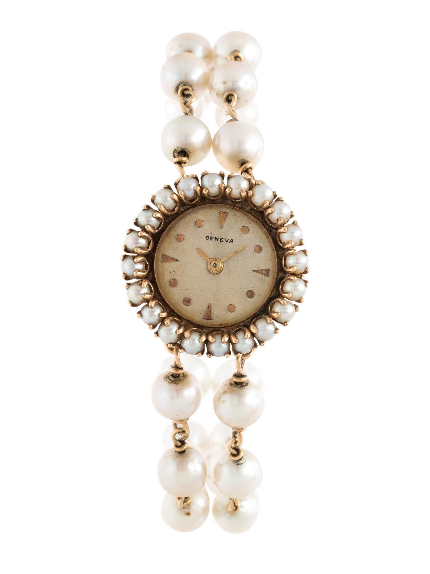 14K YELLOW GOLD AND CULTURED PEARL WRISTWATCH