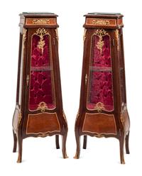 A Pair of Louis XV Style Gilt Metal Mounted Marble-Top Vitrine Cabinets