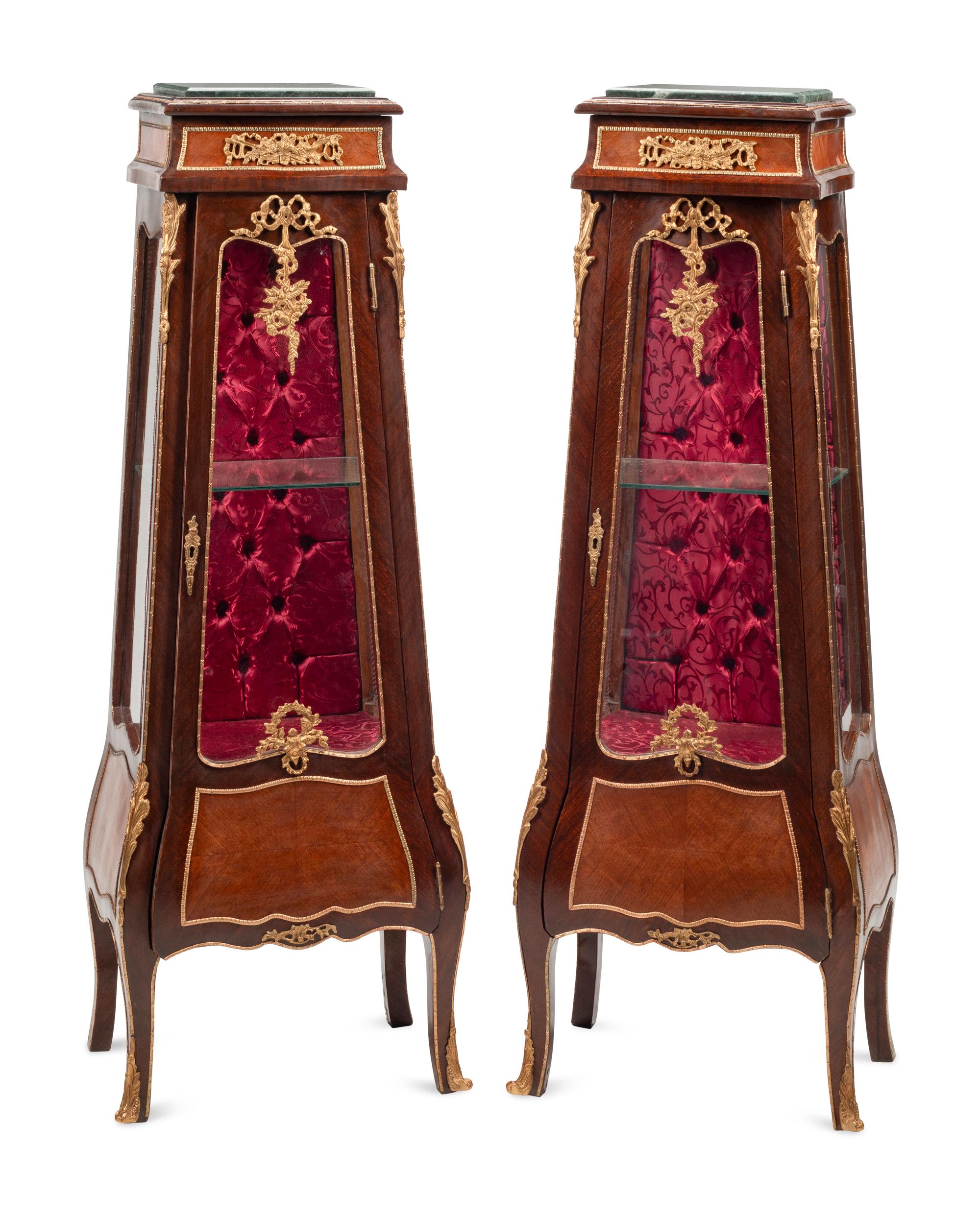 A Pair of Louis XV Style Gilt Metal Mounted Marble-Top Vitrine Cabinets
