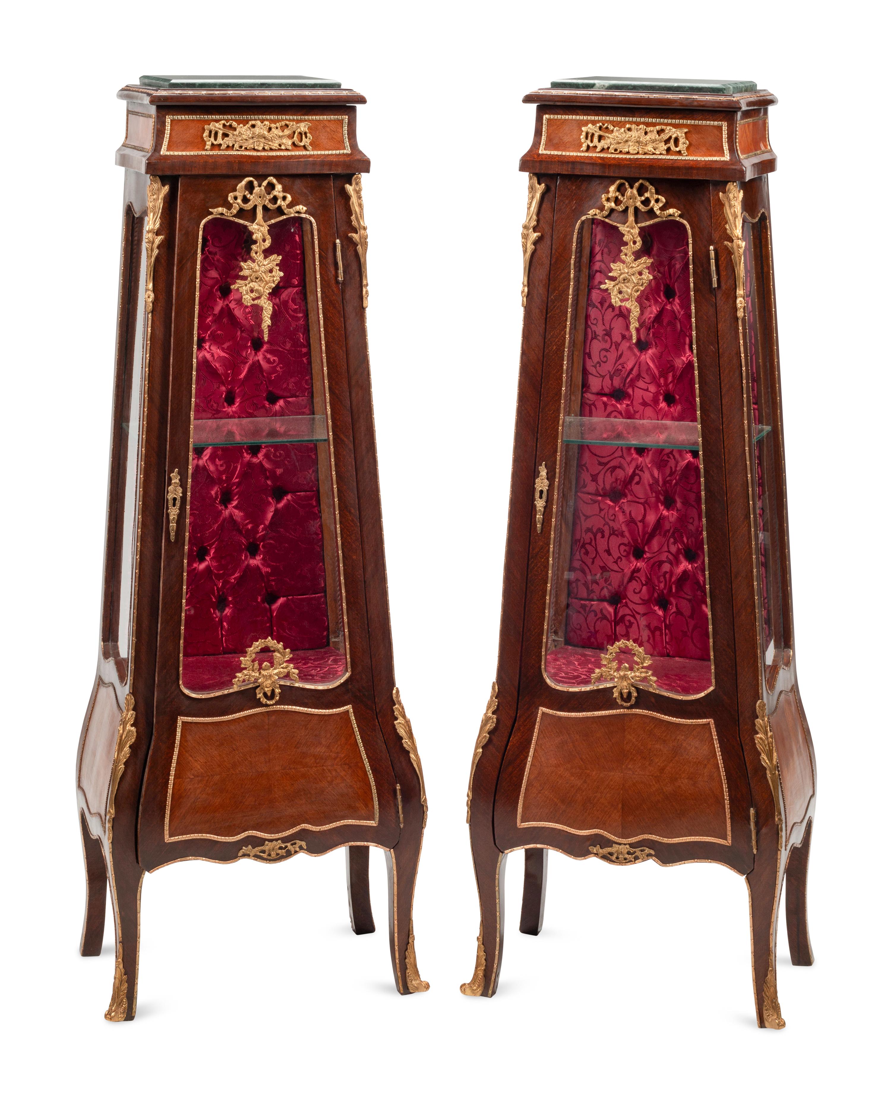 A Pair of Louis XV Style Gilt Metal Mounted Marble-Top Vitrine Cabinets