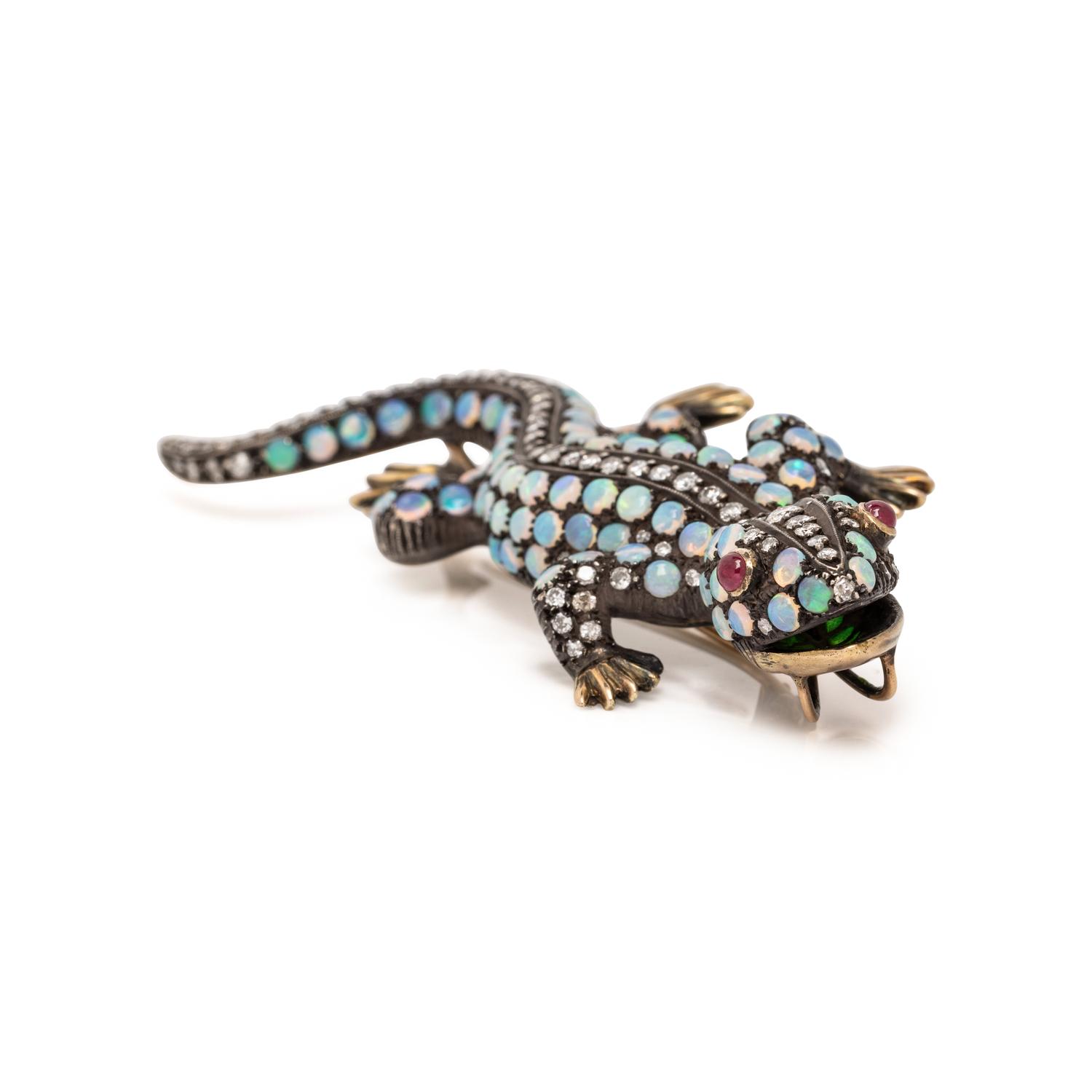 SILVER-TOPPED GOLD, OPAL AND DIAMOND LIZARD PENDANT/BROOCH