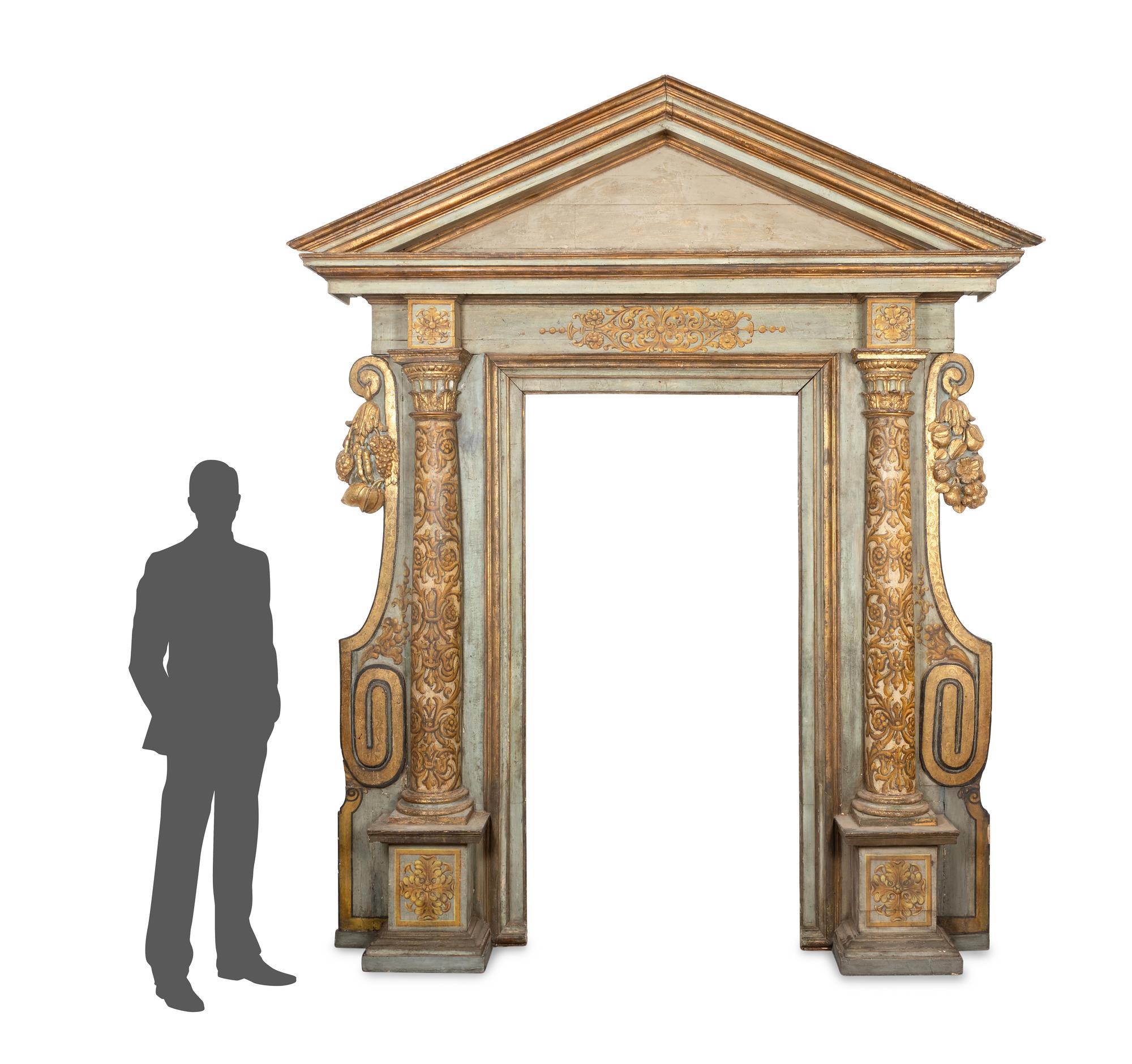 A Monumental Italian Baroque Painted and Parcel Gilt Portal