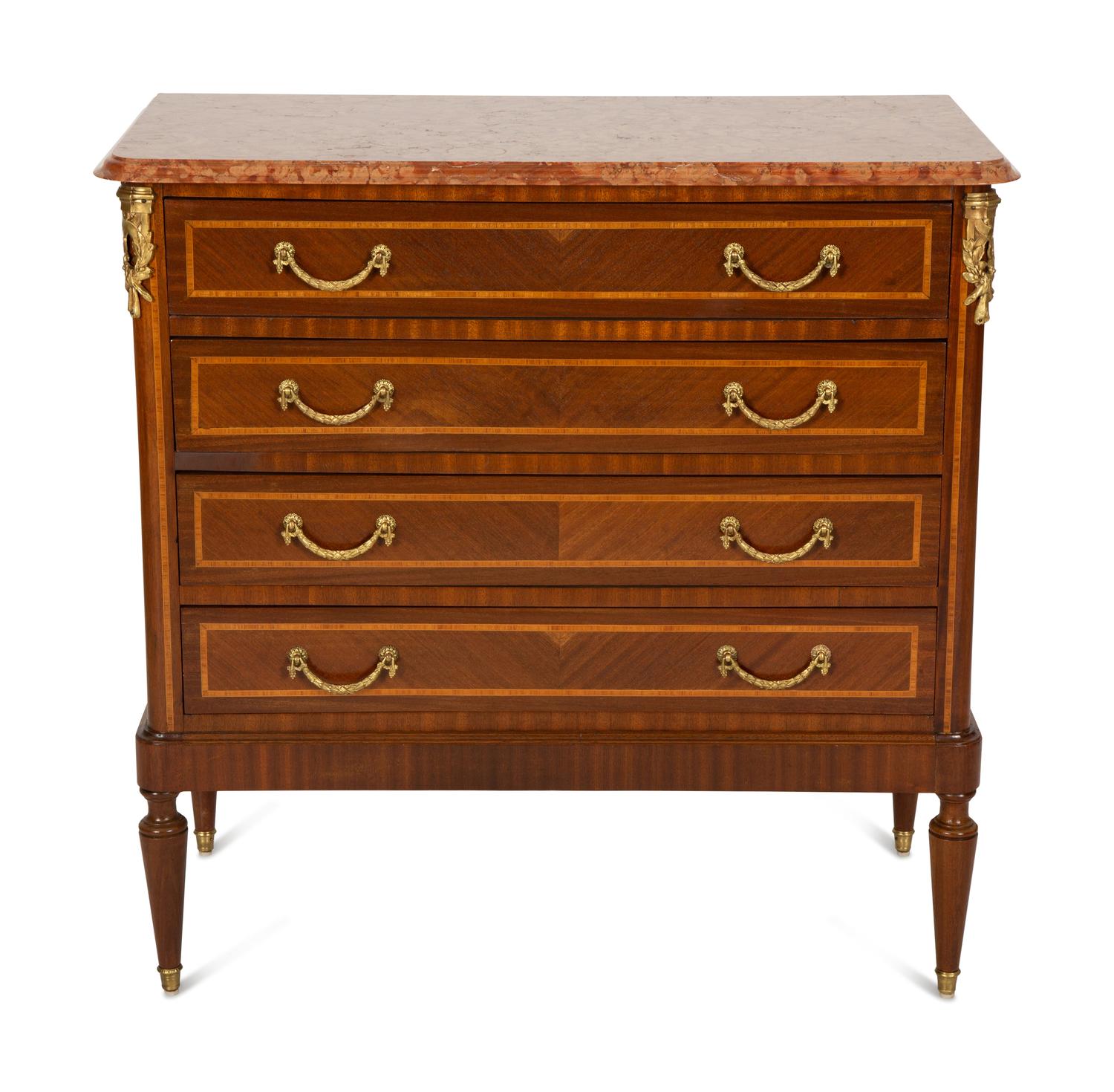 A Louis XVI Style Gilt Bronze Mounted Marble-Top Commode