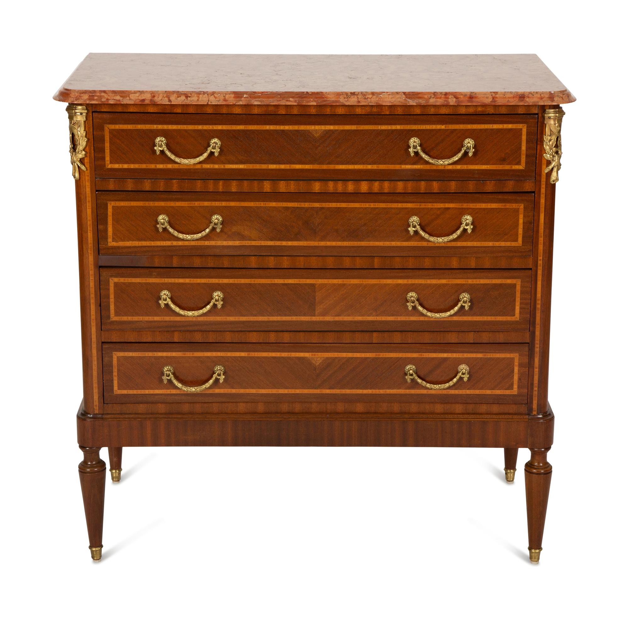 A Louis XVI Style Gilt Bronze Mounted Marble-Top Commode