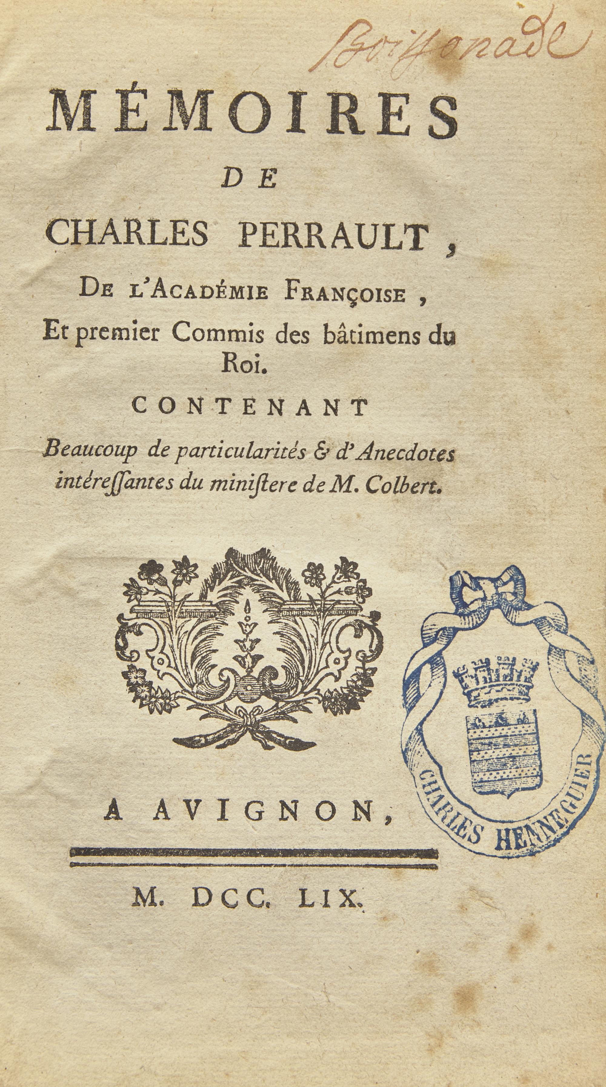 Perrault, Charles. Autograph Note, signed