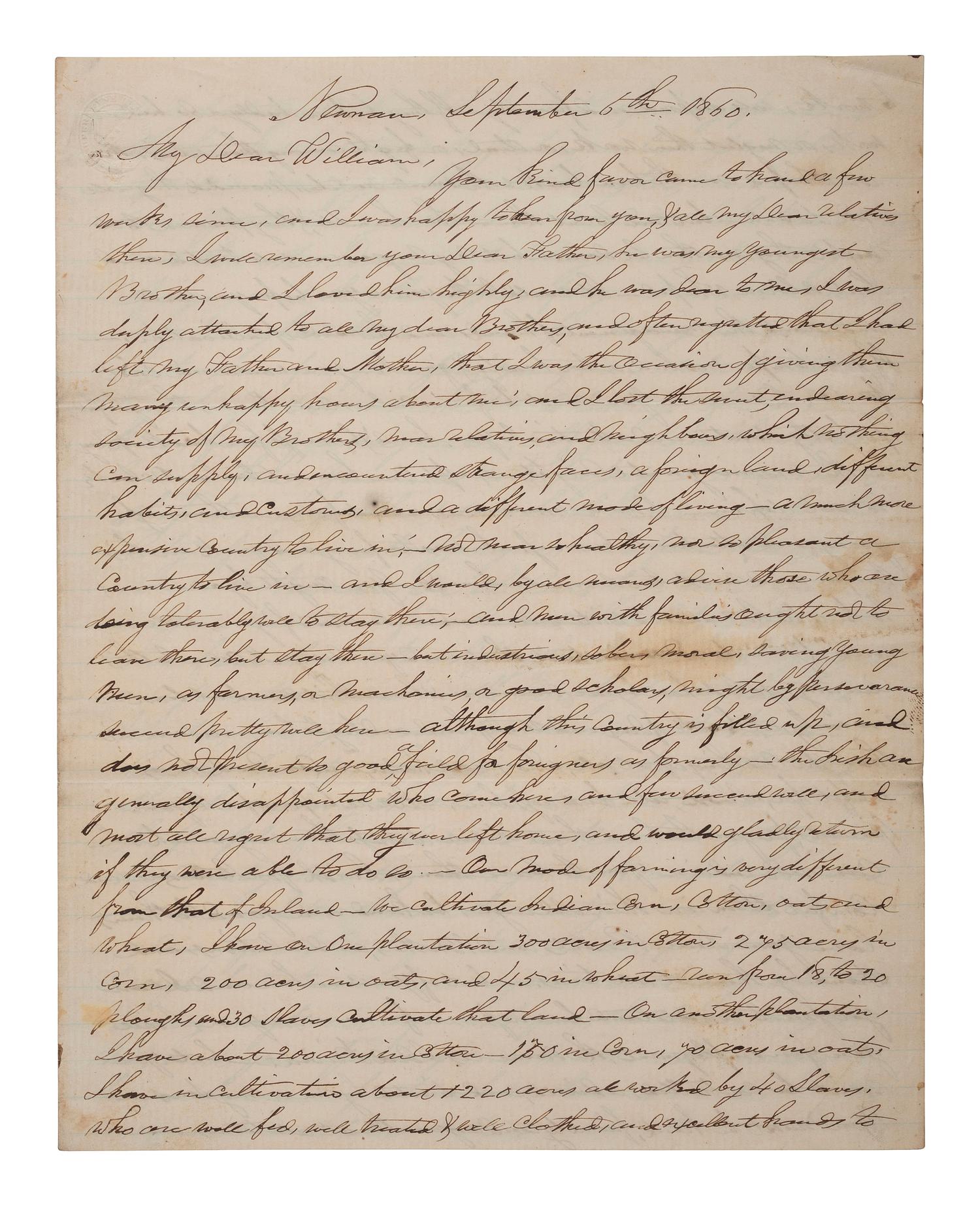 [SLAVERY & ABOLITION]. RAY, John (1792-1868). Autograph letter signed ("John Ray"), as Uncle to "William." Newnan, Coweta County, GA, 6 September 1860. 4 pages . Content on slavery and enslaved people.
