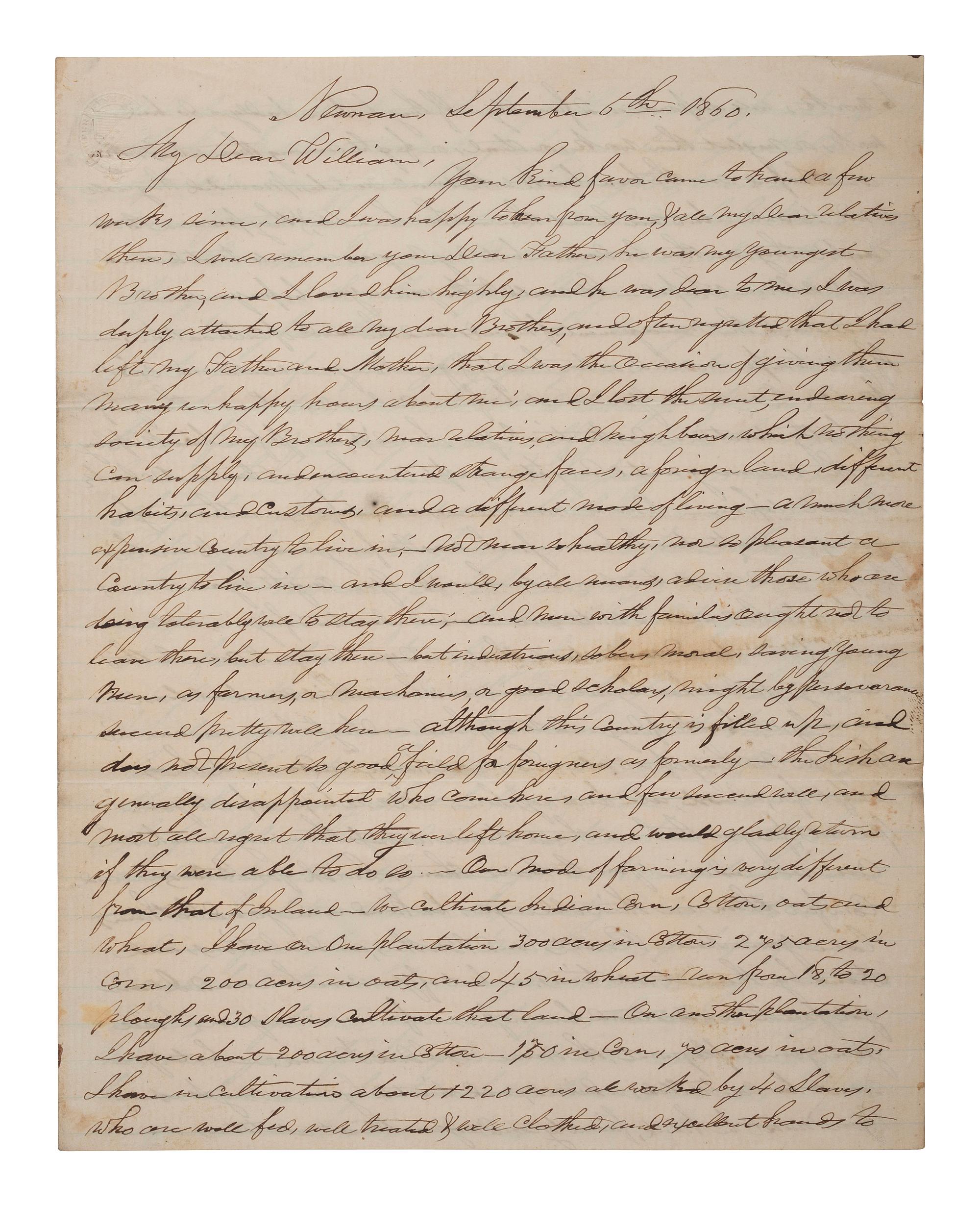 [SLAVERY & ABOLITION]. RAY, John (1792-1868). Autograph letter signed ("John Ray"), as Uncle to "William." Newnan, Coweta County, GA, 6 September 1860. 4 pages . Content on slavery and enslaved people.