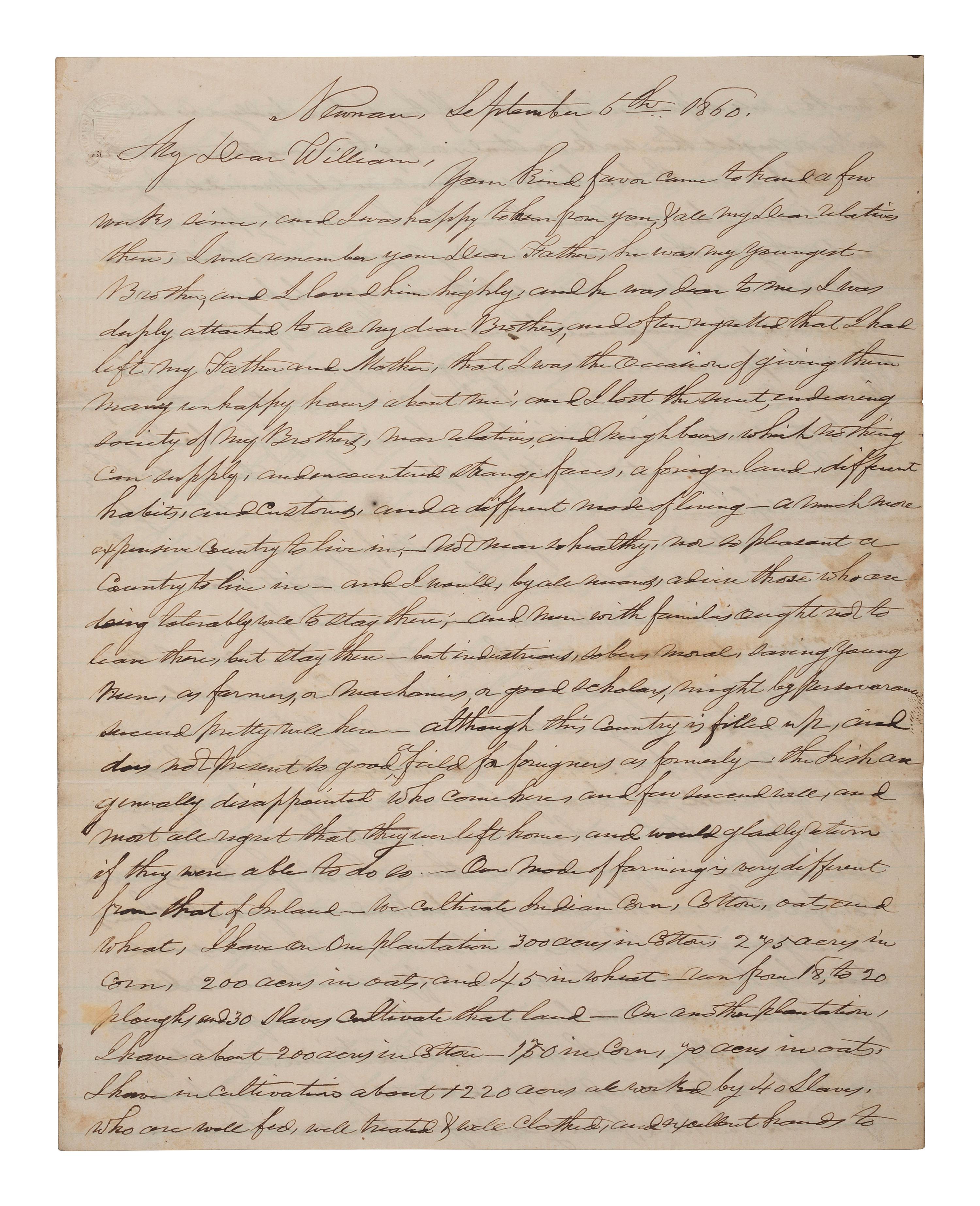 [SLAVERY & ABOLITION]. RAY, John (1792-1868). Autograph letter signed ("John Ray"), as Uncle to "William." Newnan, Coweta County, GA, 6 September 1860. 4 pages . Content on slavery and enslaved people.