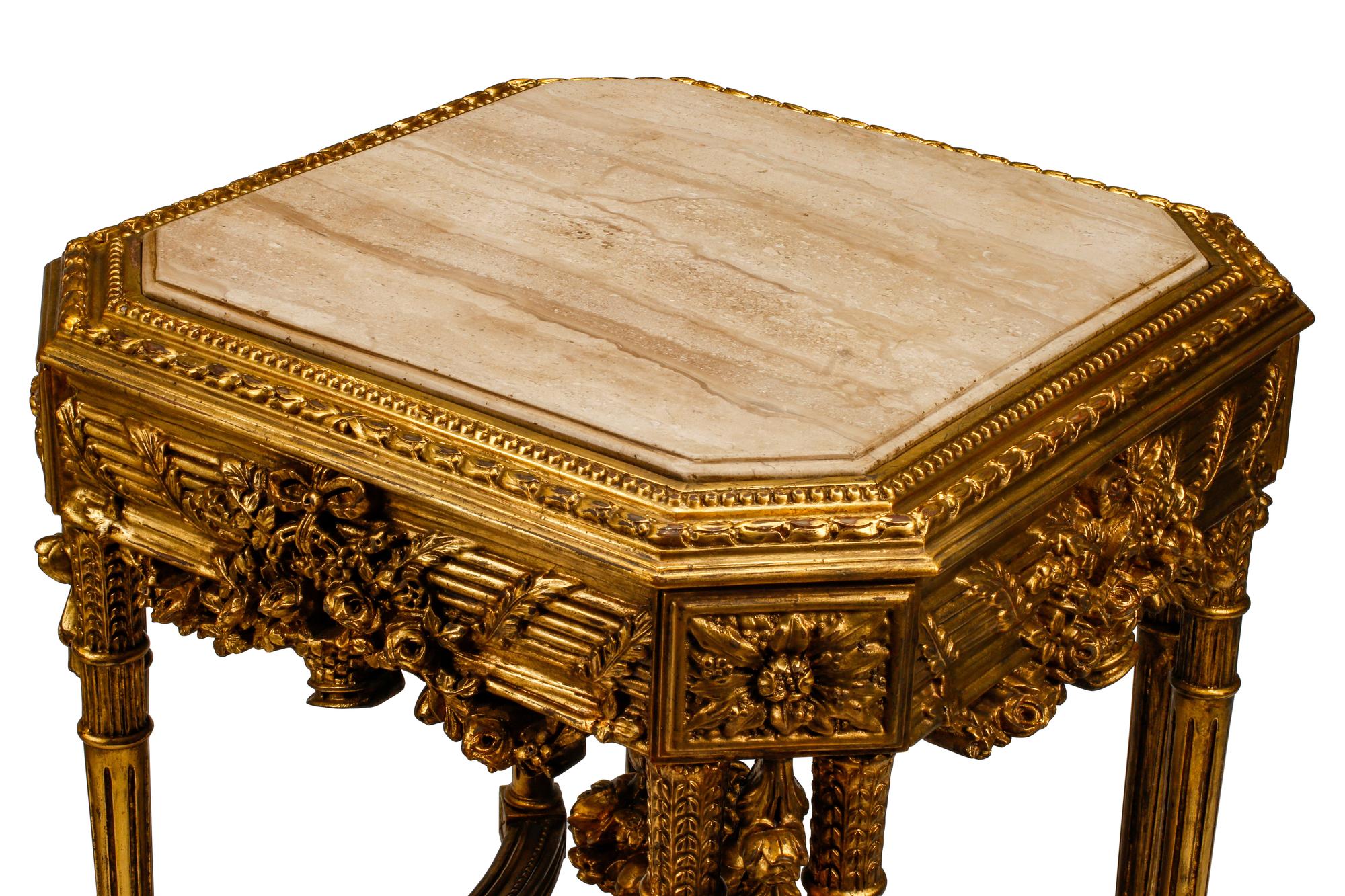 A Pair of Louis XVI Style Giltwood Marble-Top Tables