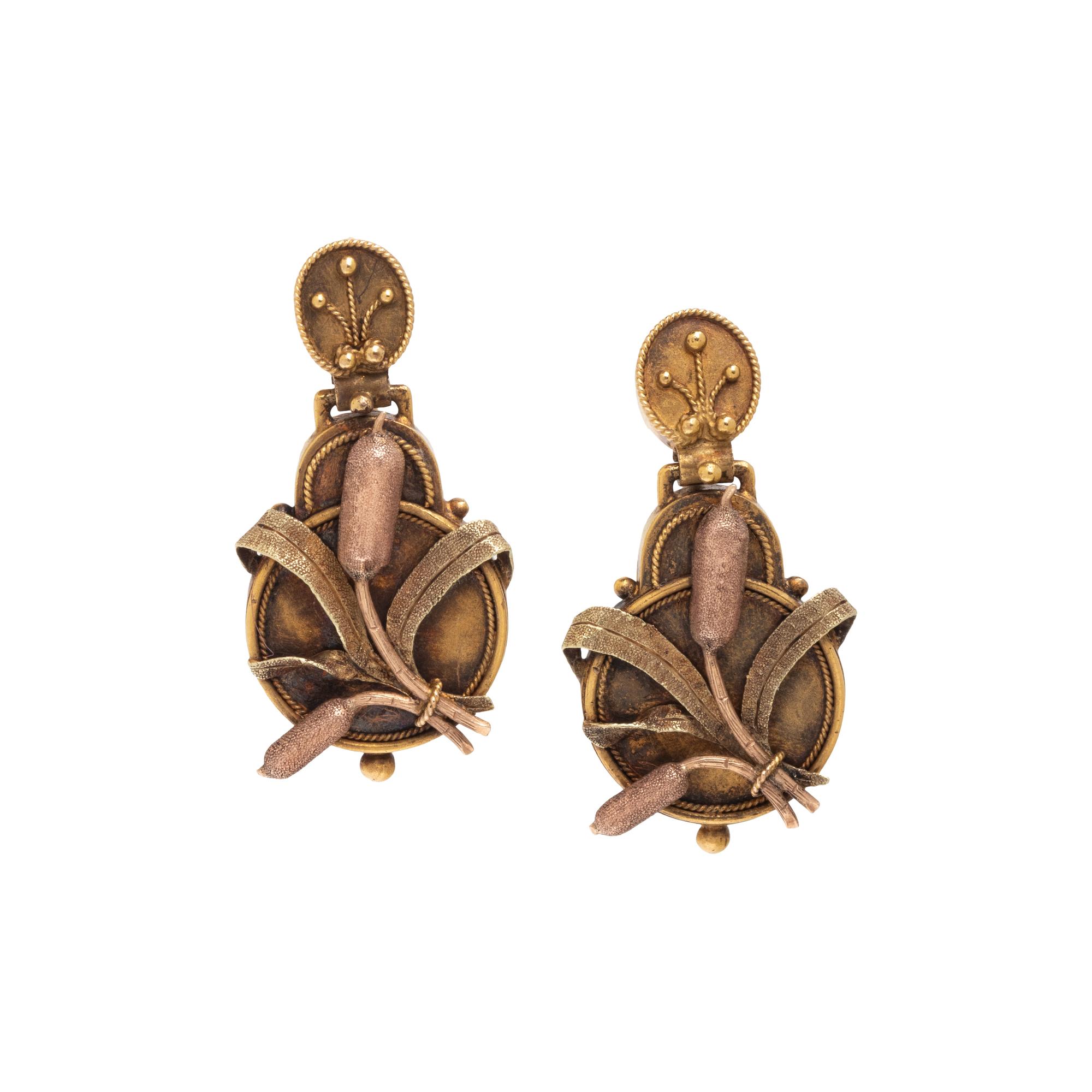 ANTIQUE, BICOLOR GOLD CATTAIL EARRINGS