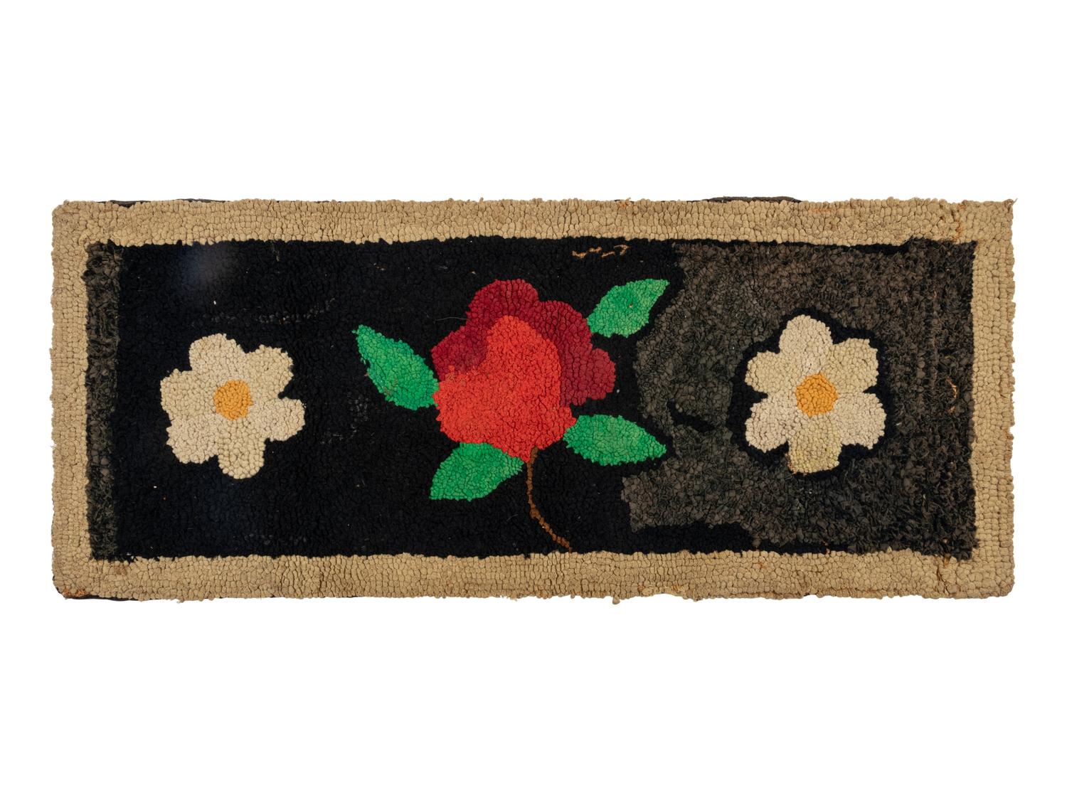 A Hooked Rug with Rose and Daisies