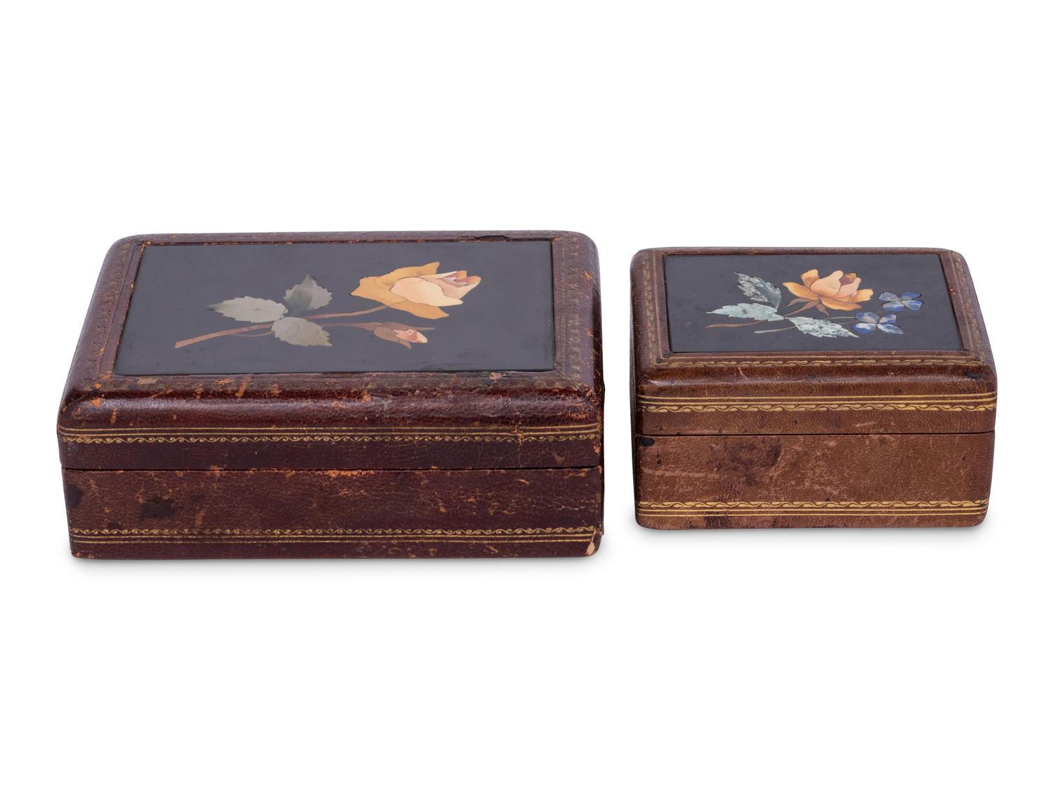 Two Continental Pietra Dura and Tooled Leather Boxes