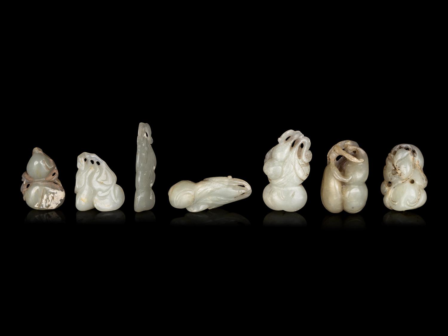 Seven Chinese Celadon Jade Carvings of Double Gourds