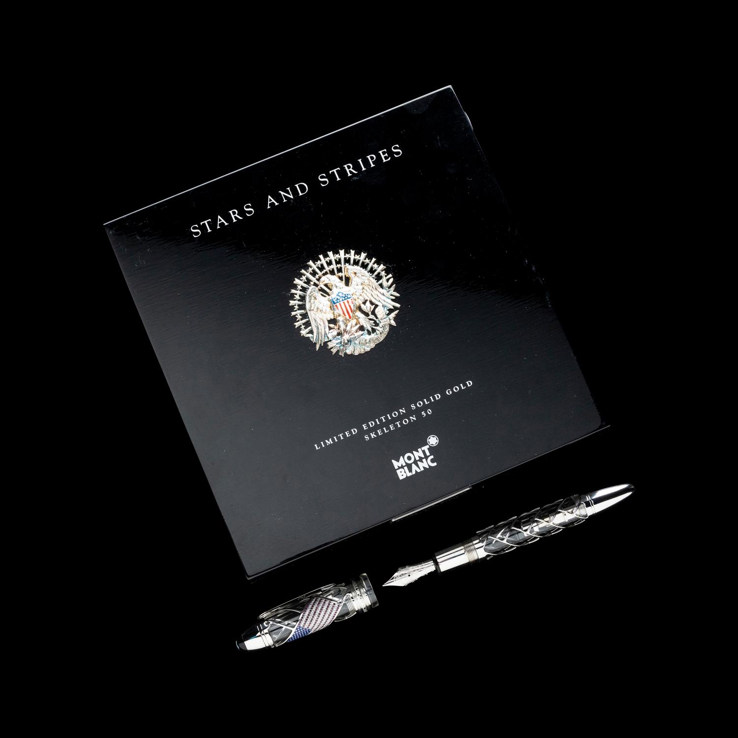 A Montblanc Stars and Stripes: 50 Limited Edition Solid Gold Skeleton Fountain Pen