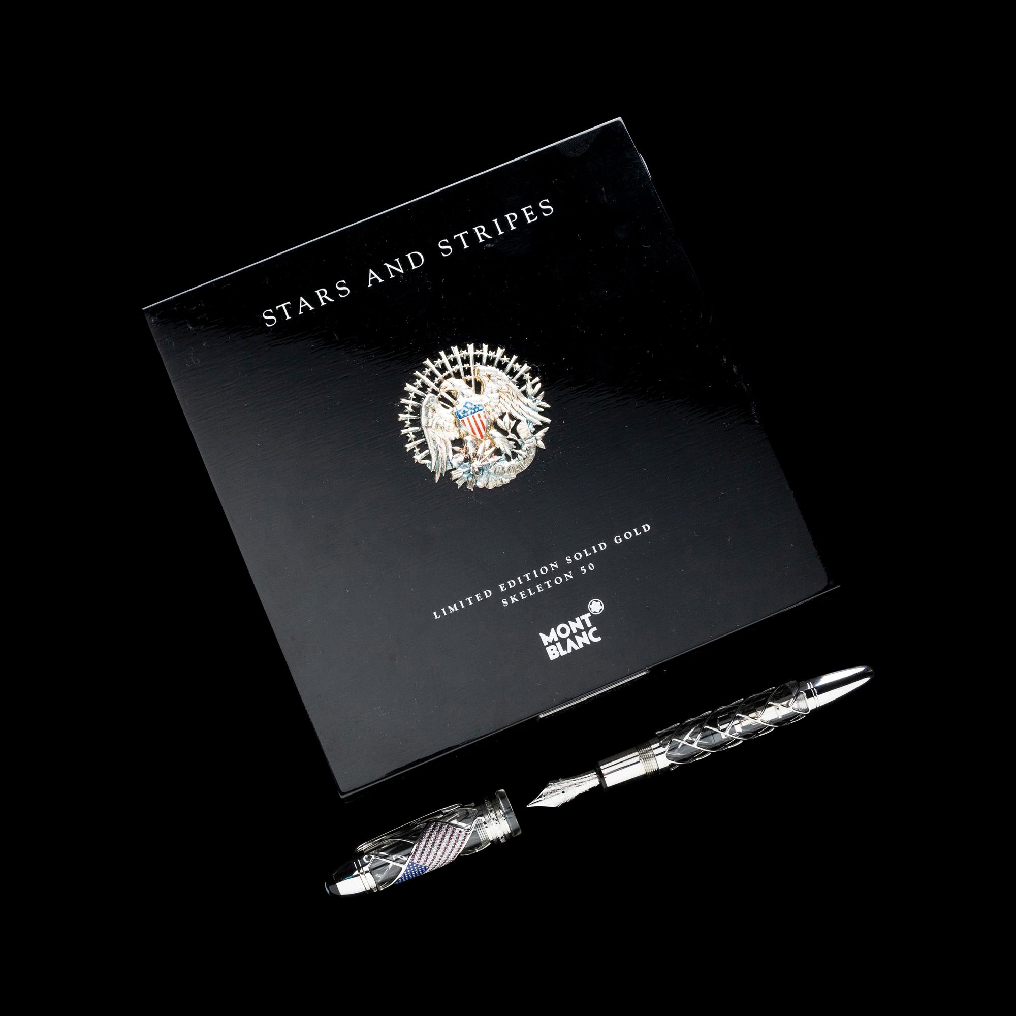 A Montblanc Stars and Stripes: 50 Limited Edition Solid Gold Skeleton Fountain Pen