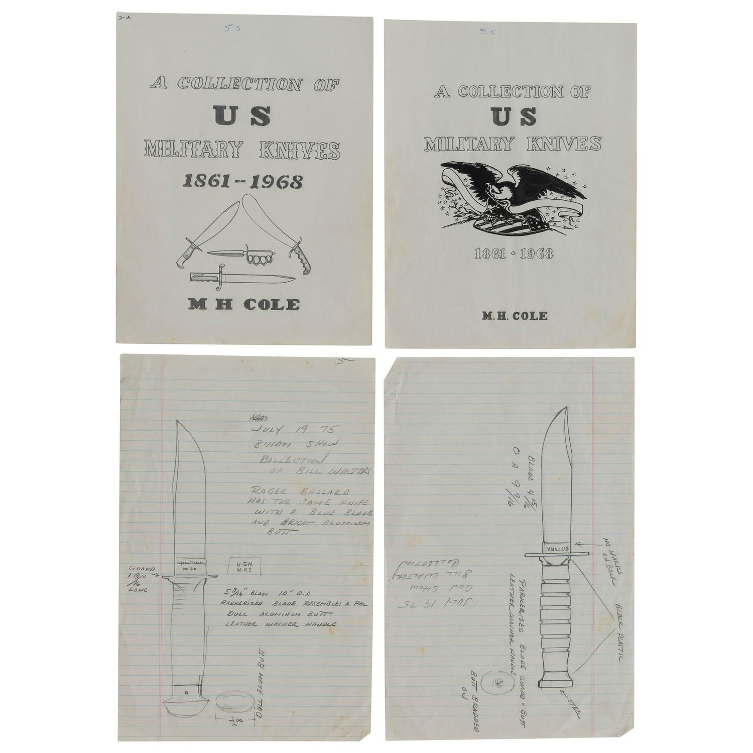 M.H. Cole Fighting Knife Archive with Two Cole Made Knives & Scabbards, Original Book Manuscript Drawings From Volumes III and IV as well as Additional Pre-Publication Paperwork