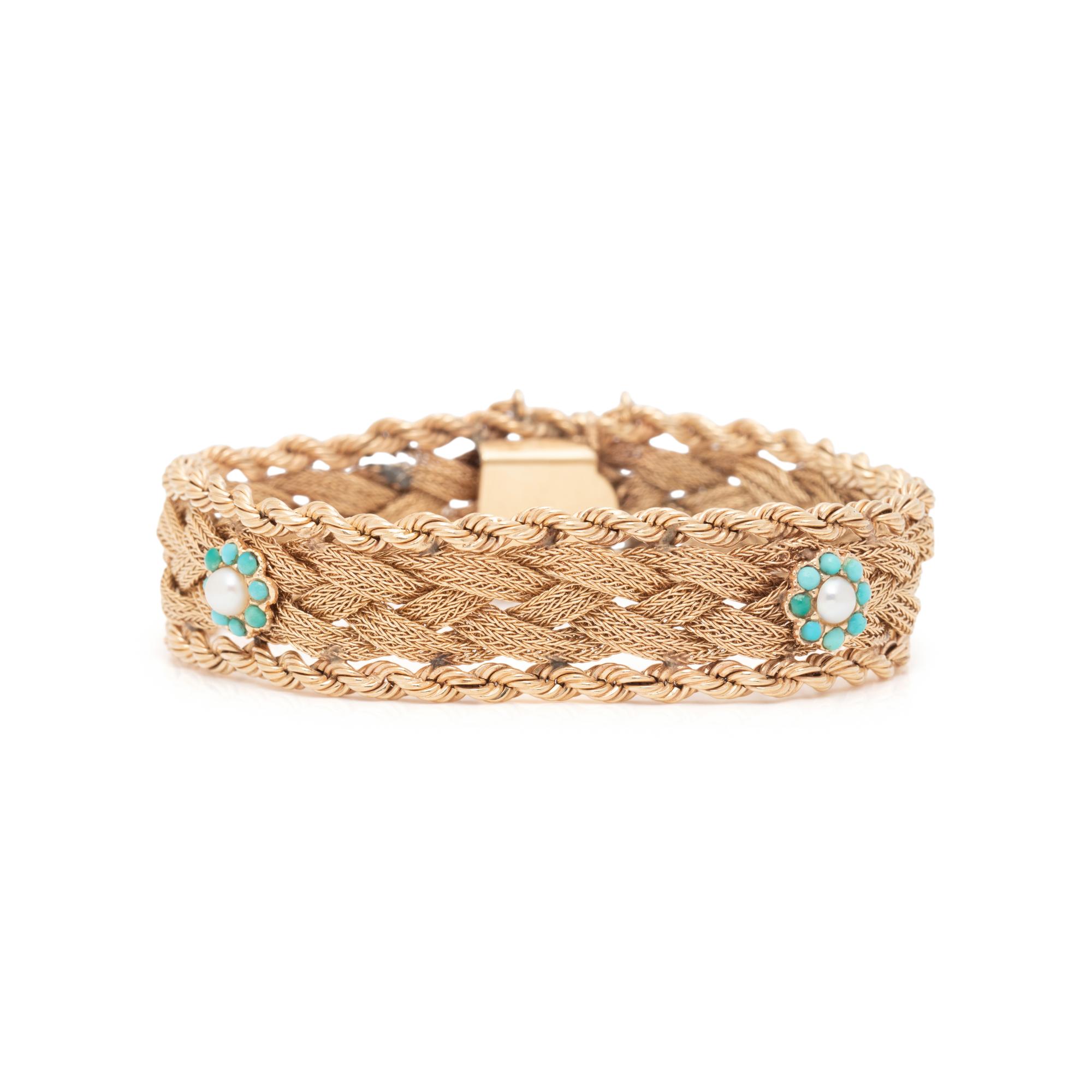 YELLOW GOLD, CULTURED PEARL, AND TURQUOISE BRACELET