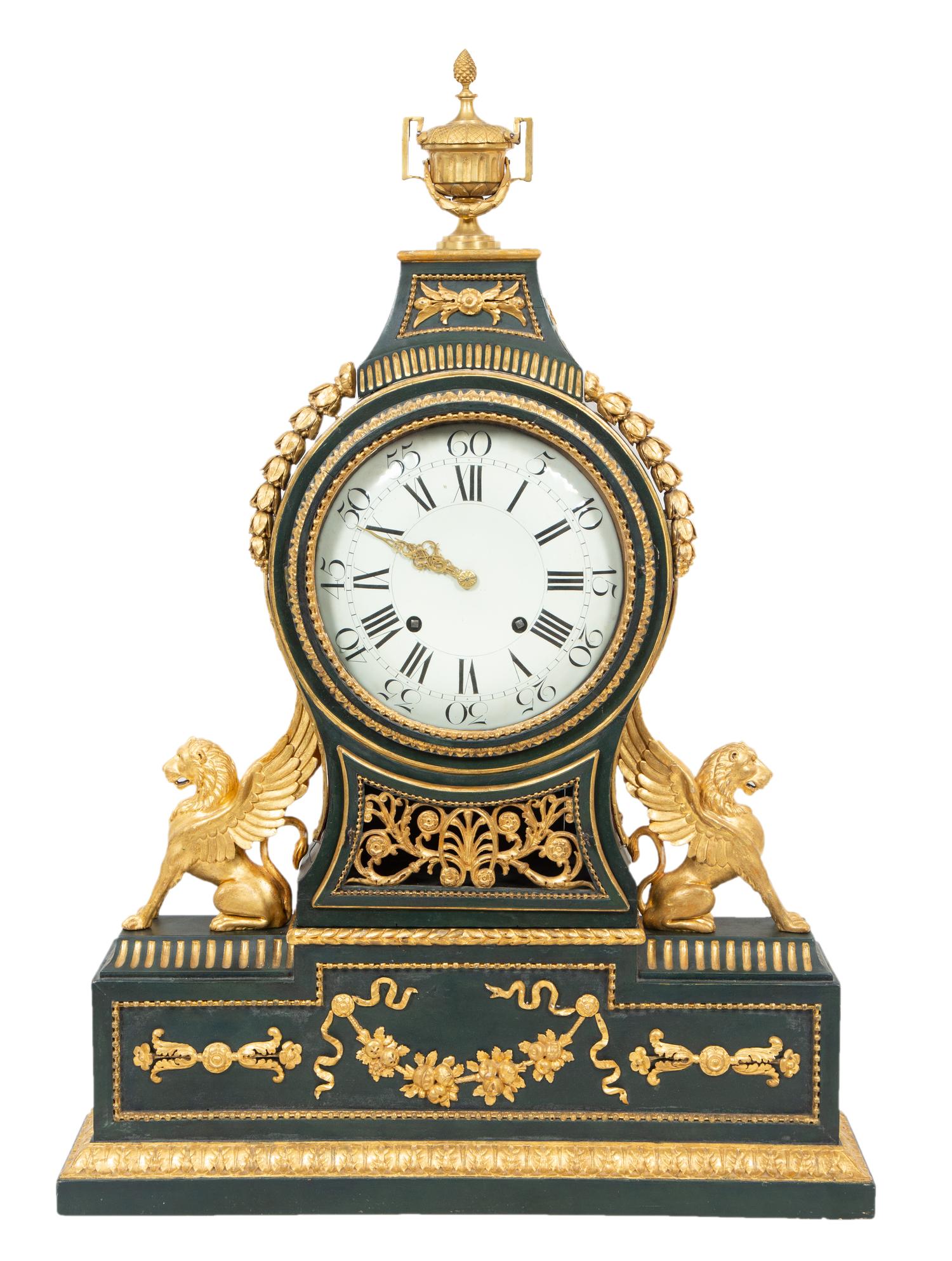 A Swiss Green Painted and Parcel Gilt Mantel Clock