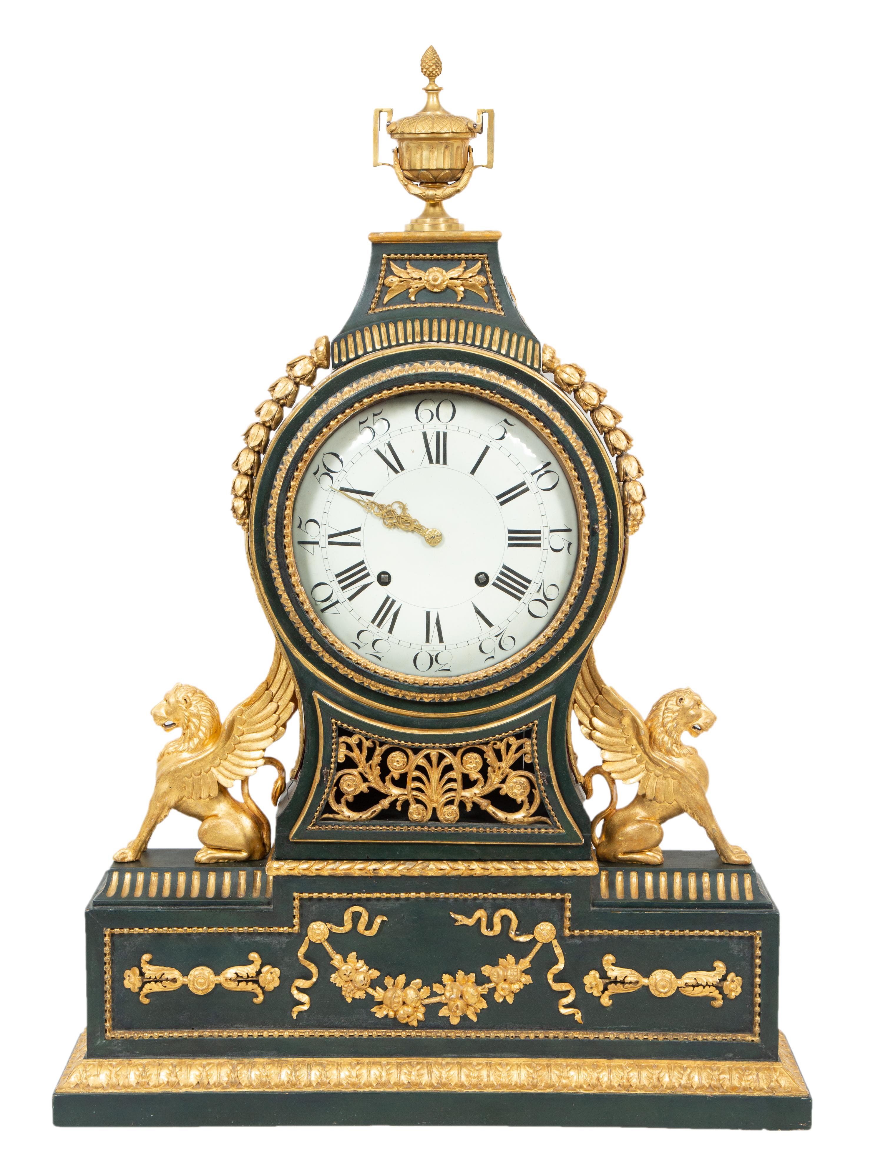 A Swiss Green Painted and Parcel Gilt Mantel Clock