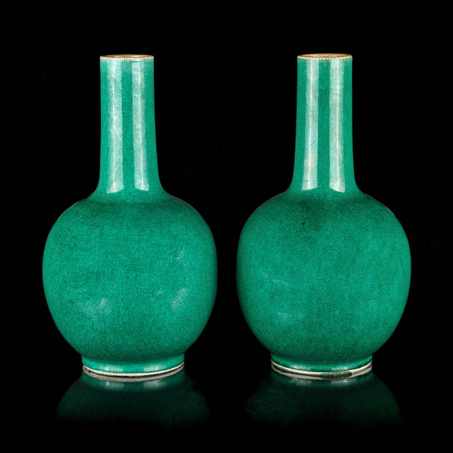 A Pair of Chinese Green and Crackled Glazed Porcelain Bottle Vases