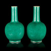 A Pair of Chinese Green and Crackled Glazed Porcelain Bottle Vases