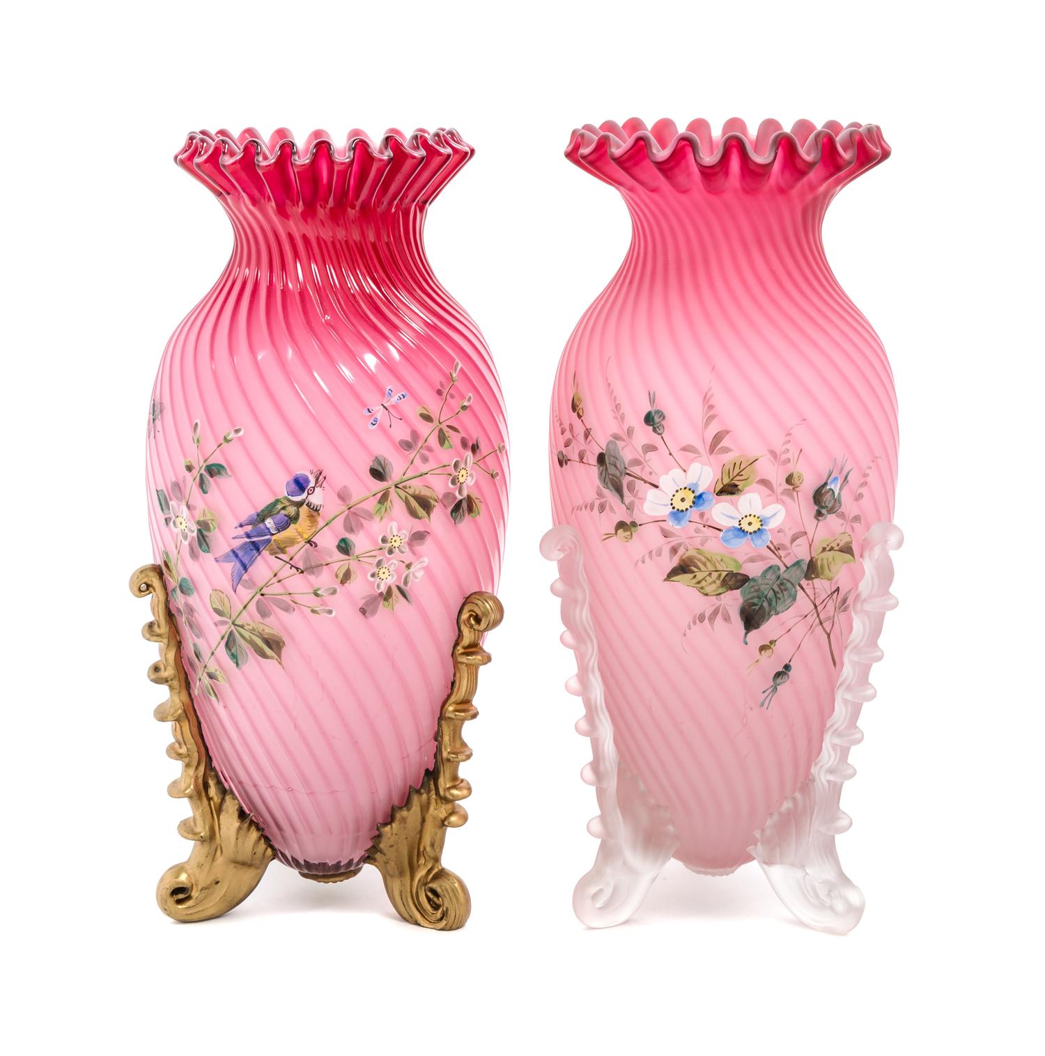 Two Victorian Enameled Peachblow Glass Vases, attributed to Webb Height 14 1/4 inches — 19TH CENTURY