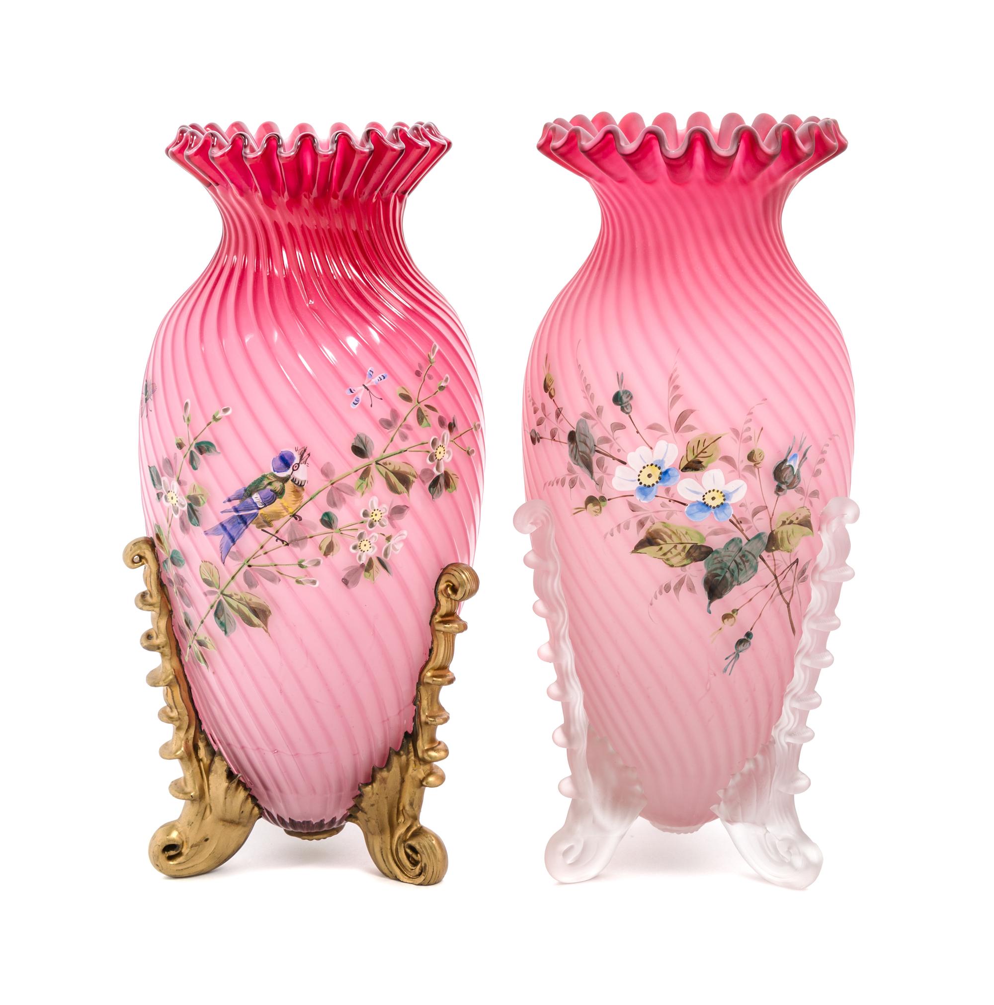 Two Victorian Enameled Peachblow Glass Vases, attributed to Webb Height 14 1/4 inches — 19TH CENTURY