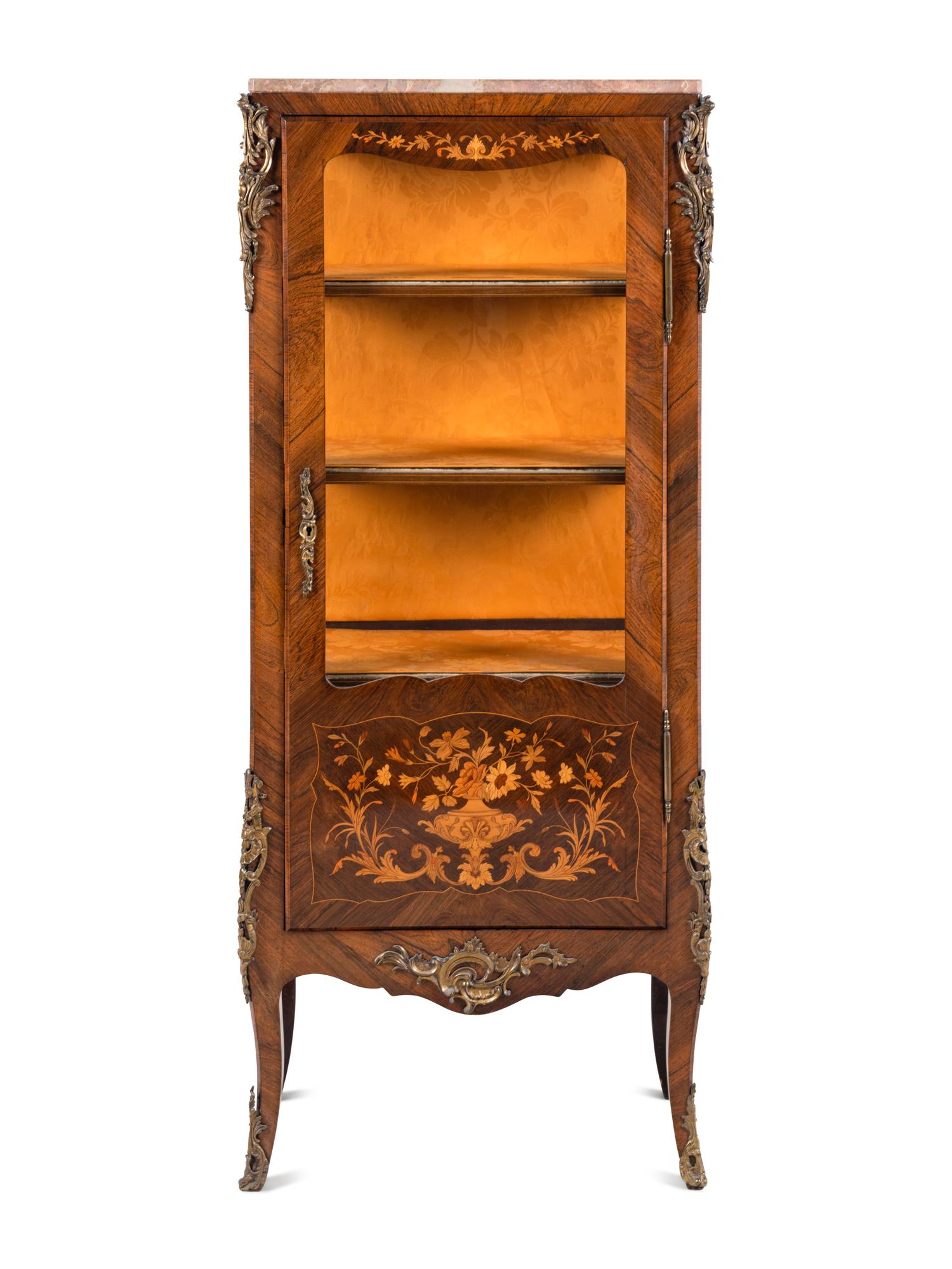 A Louis XV Style Gilt Metal Mounted Marquetry Marble-Top Vitrine Cabinet