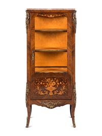 A Louis XV Style Gilt Metal Mounted Marquetry Marble-Top Vitrine Cabinet