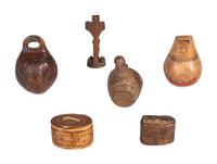 Collection of Canoe Cups, Birchbark Snuff Boxes, and Crucifix