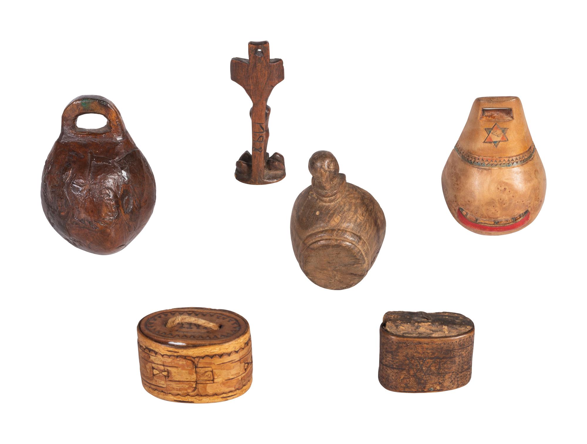Collection of Canoe Cups, Birchbark Snuff Boxes, and Crucifix