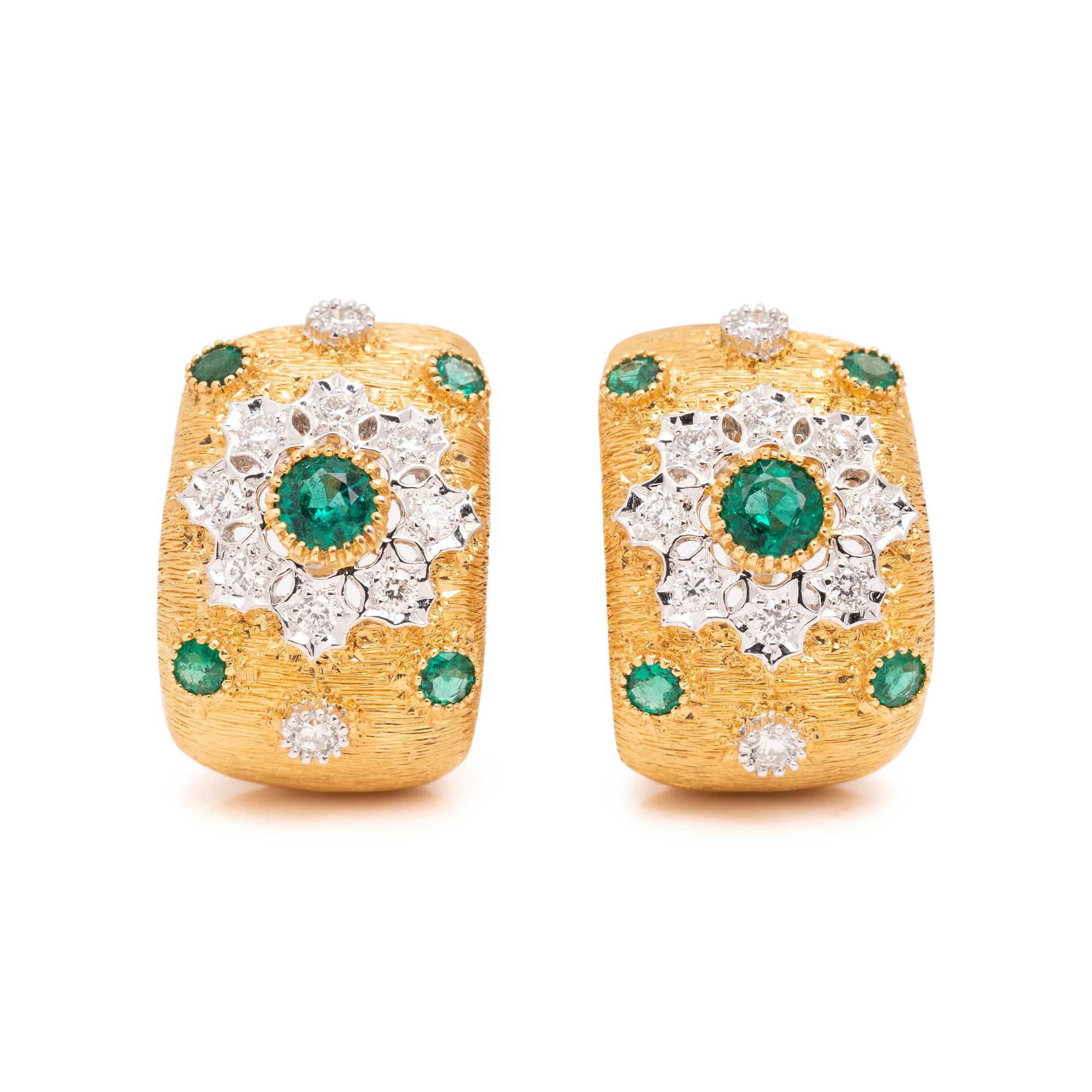 YELLOW GOLD, EMERALD AND DIAMOND EARCLIPS