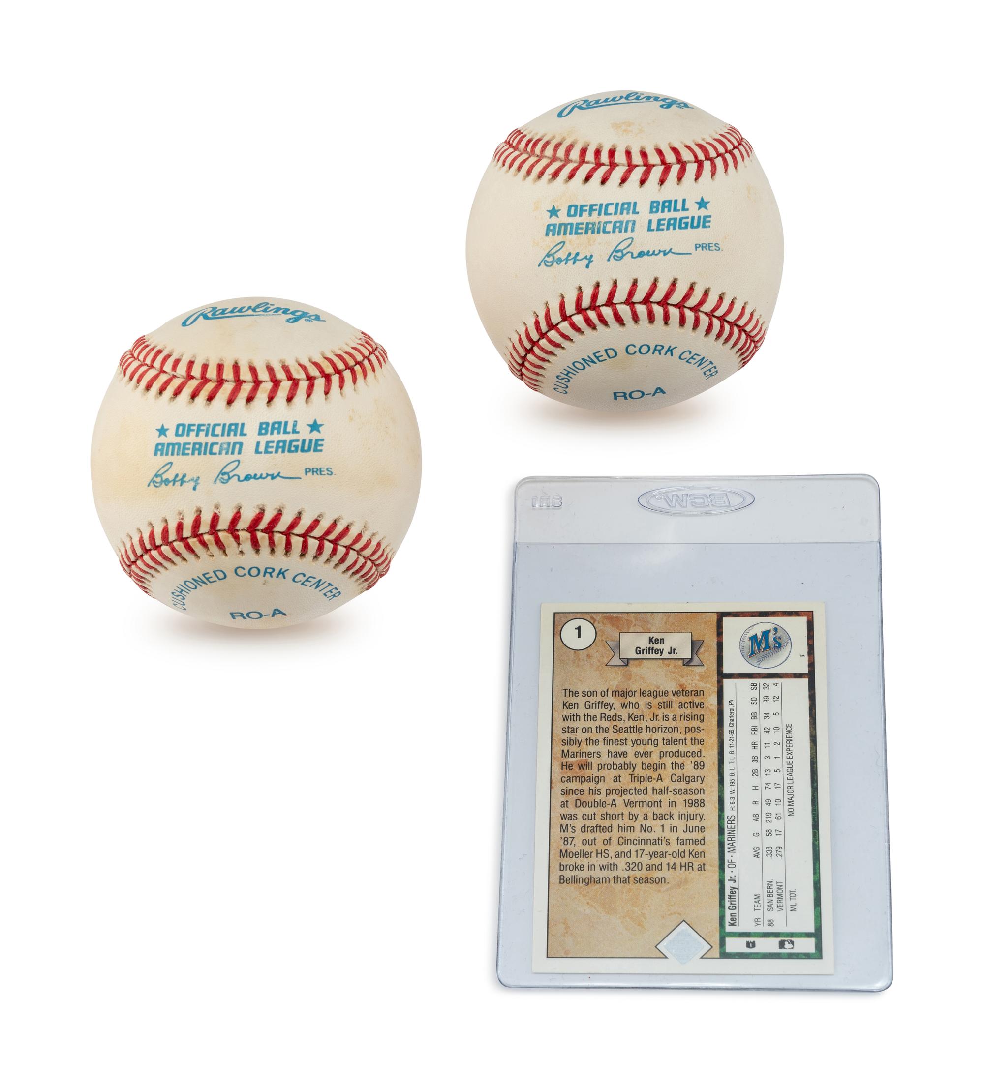 A Group of Two Ken Griffey Jr. Signed Autograph Baseballs (Beckett Authentication Services) and 1989 Upper Deck Rookie Baseball Card No. 1.