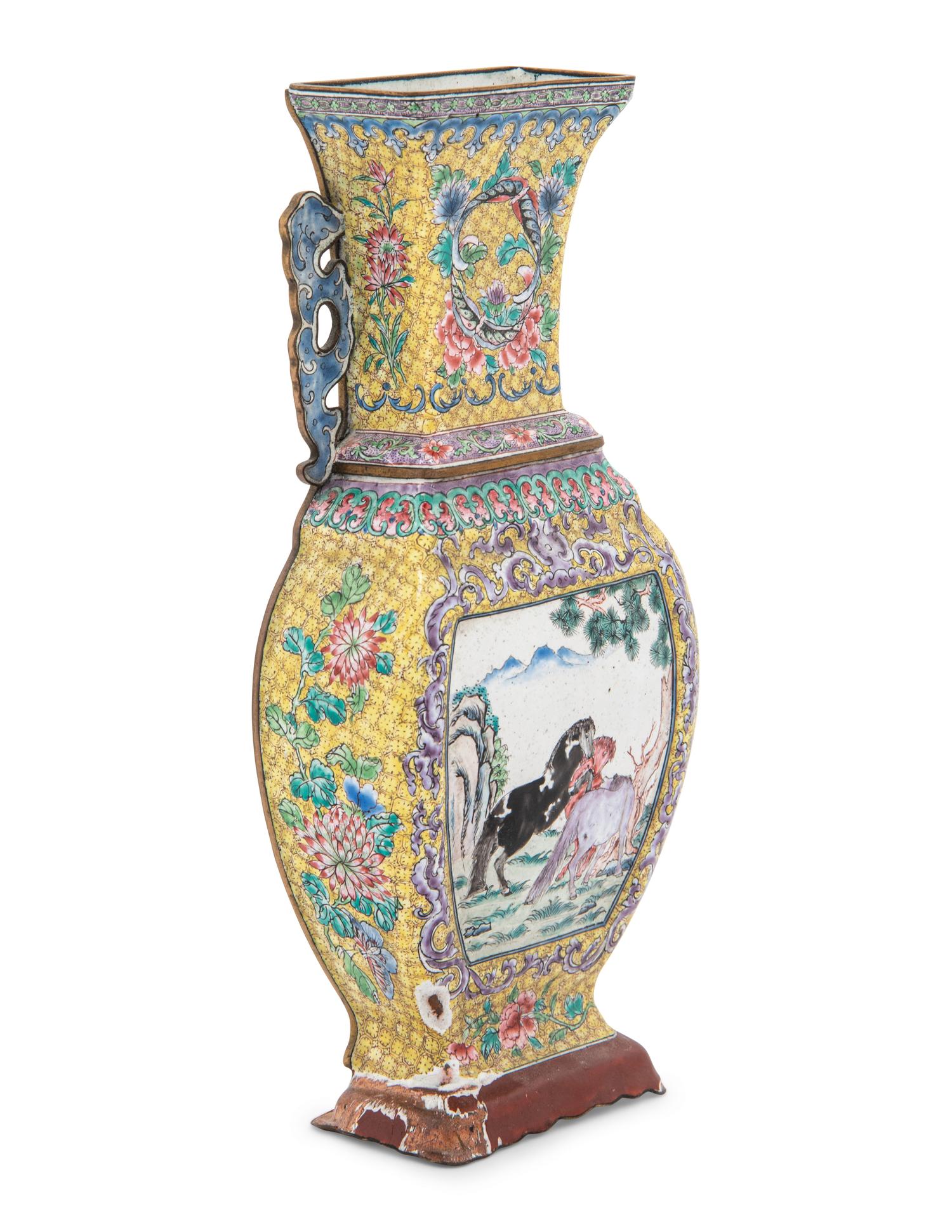 A Canton Enamel 'Horses' Wall Vase