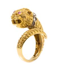 A Yellow Gold, Diamond and Ruby Lion Ring, Greek, 7.10 dwts.
