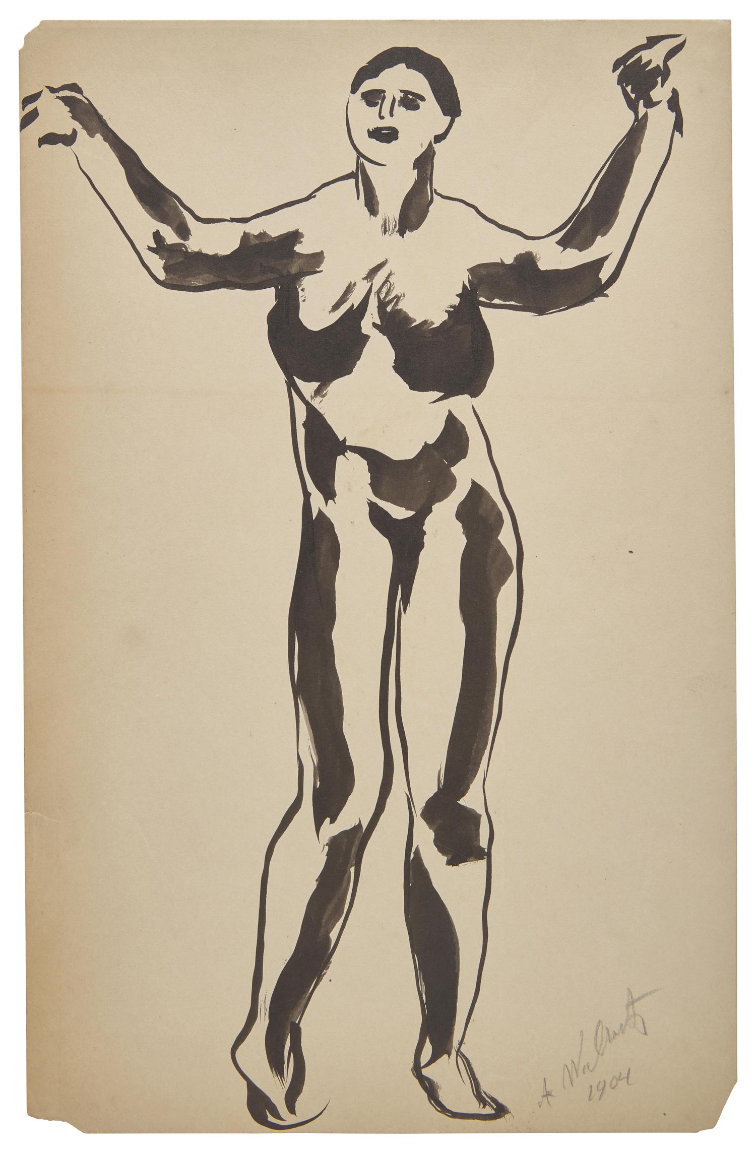 Five Works: Nude with Raised Arms; together with Four Sketches of a Dancer in Black (Isadora Duncan), circa 1904-1909 (5)