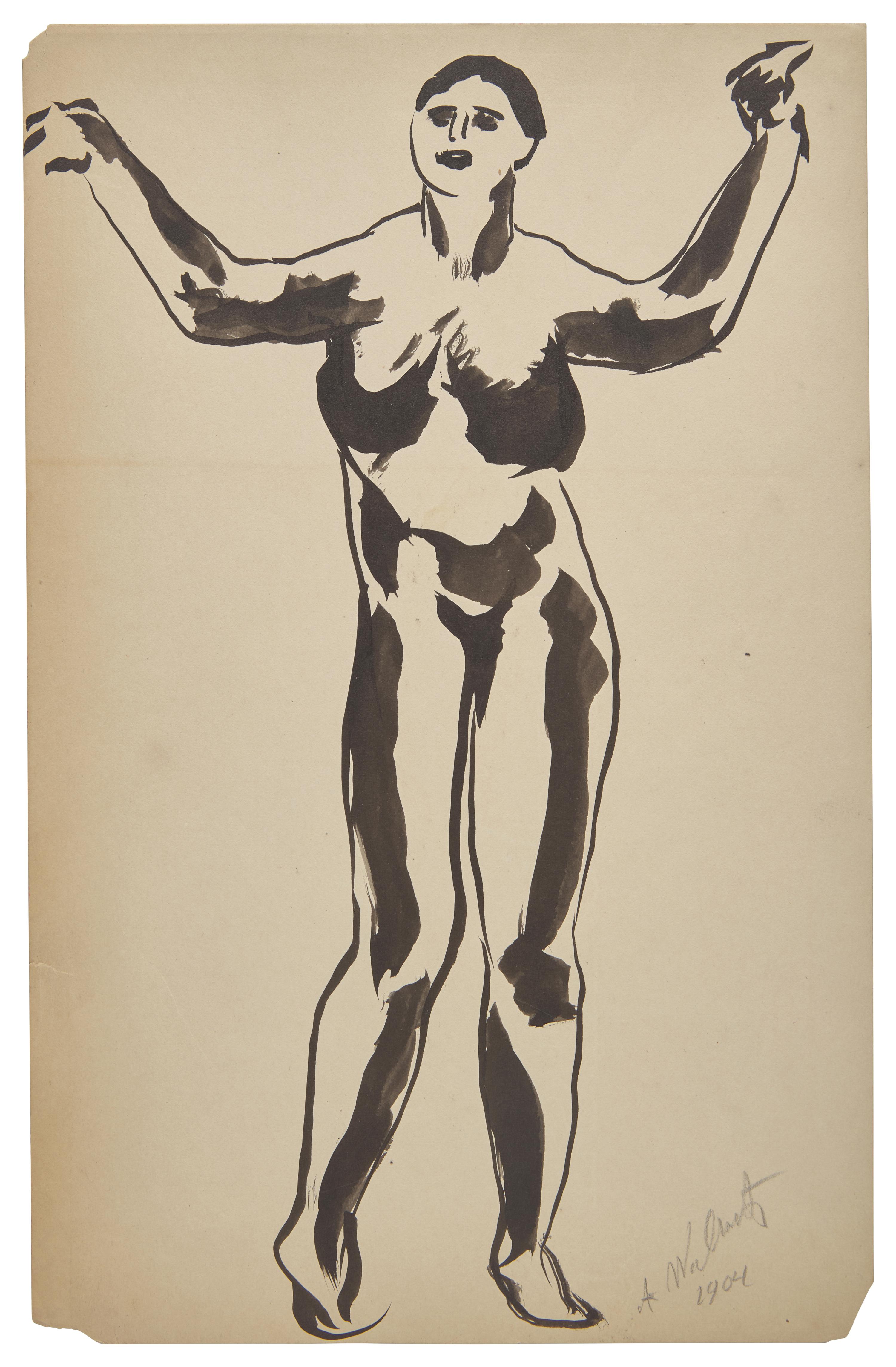 Five Works: Nude with Raised Arms; together with Four Sketches of a Dancer in Black (Isadora Duncan), circa 1904-1909 (5)