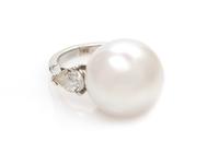 A Platinum, Cultured South Sea Pearl and Diamond Ring, 7.95 dwts.