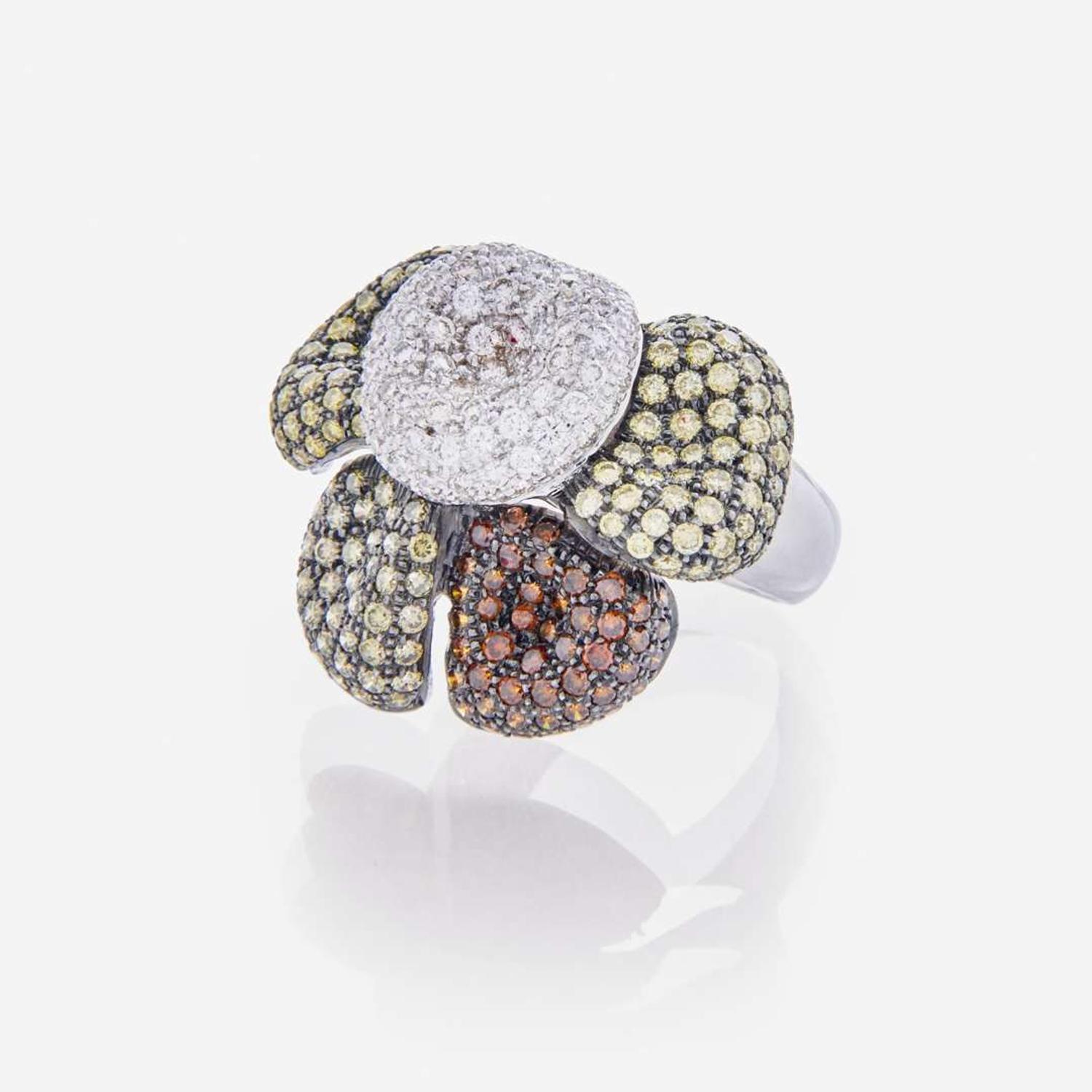 An 18K White Gold and Multi-Colored Diamond Ring