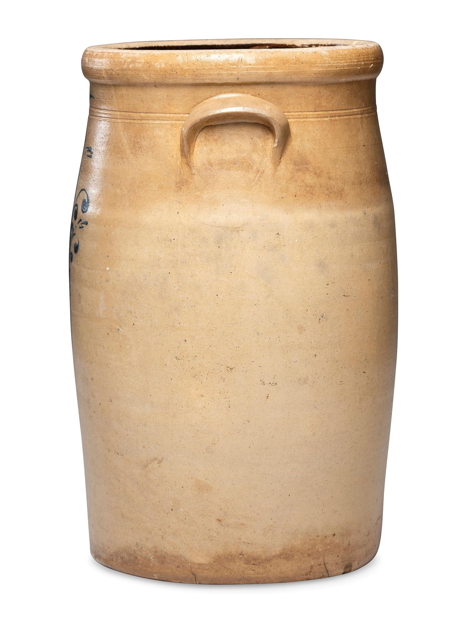 An O. O. Wright, Daniel Upson, and Edgar Chapman Five-Gallon Cobalt Decorated Stoneware Churn