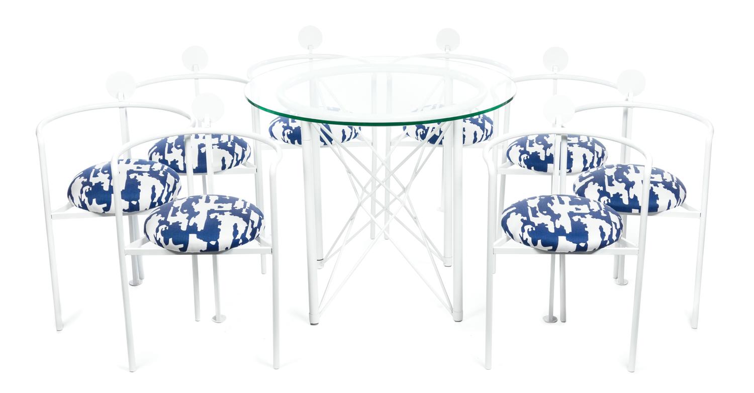 An Enameled Steel Nine-Piece Dining Suite Height of chair 31 3/8 inches.