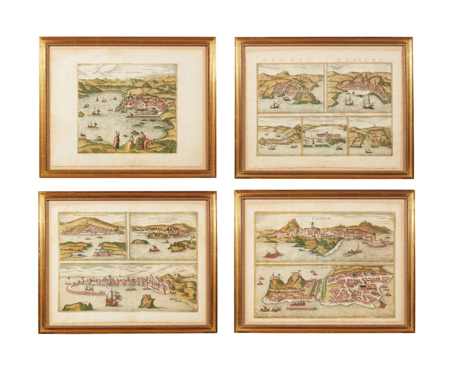 A group of four hand-colored copper engravings depicting town views, from Civitates Orbis Terrarum , Georg Braun (1541-1622) and Frans Hogenberg (1535-1590), 1575 or later