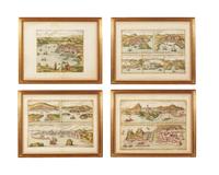 A group of four hand-colored copper engravings depicting town views, from Civitates Orbis Terrarum , Georg Braun (1541-1622) and Frans Hogenberg (1535-1590), 1575 or later